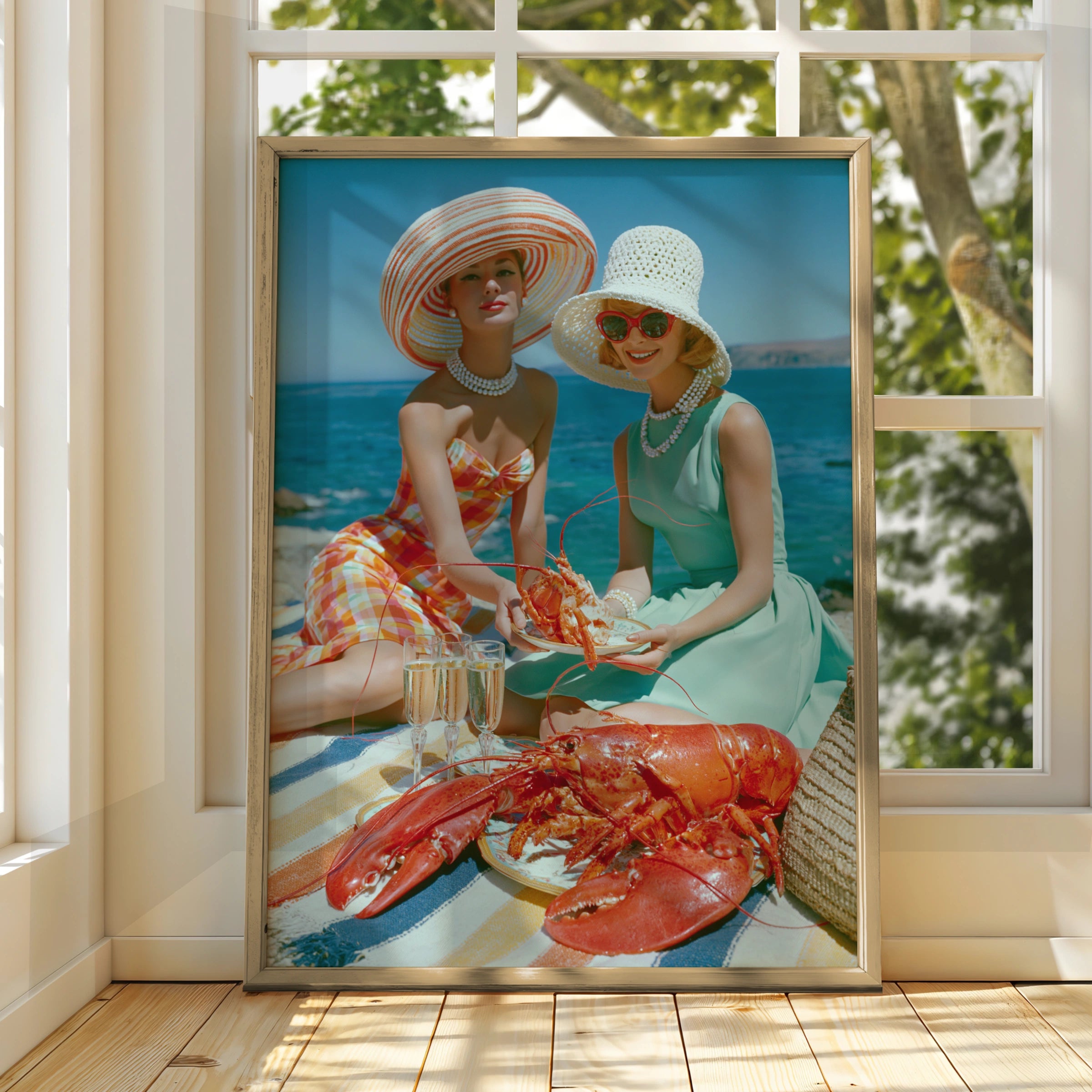 Vintage Women Lobster Beach Picnic Poster, Retro 1950s Summer Wall Art