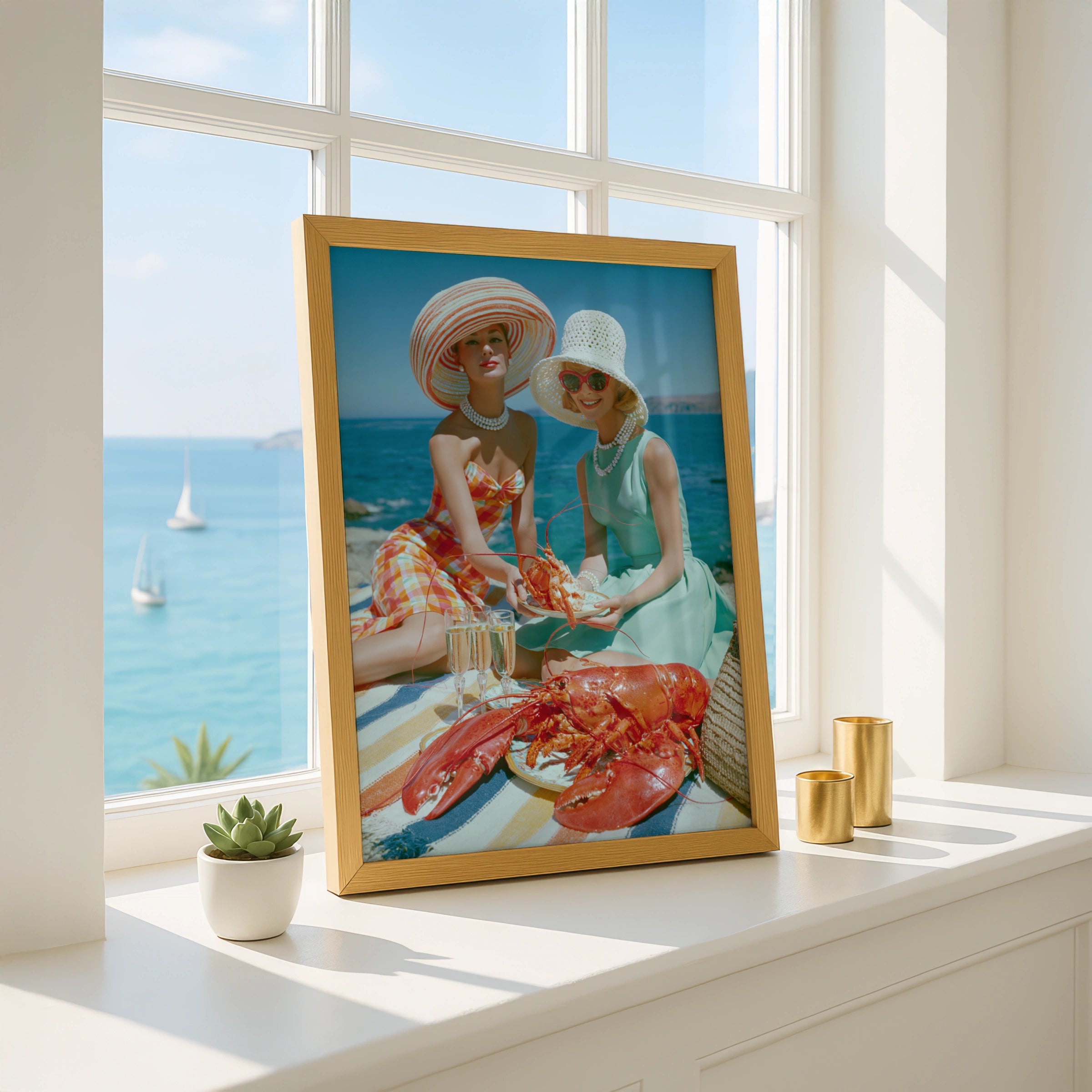 Vintage Women Lobster Beach Picnic Poster, Retro 1950s Summer Wall Art