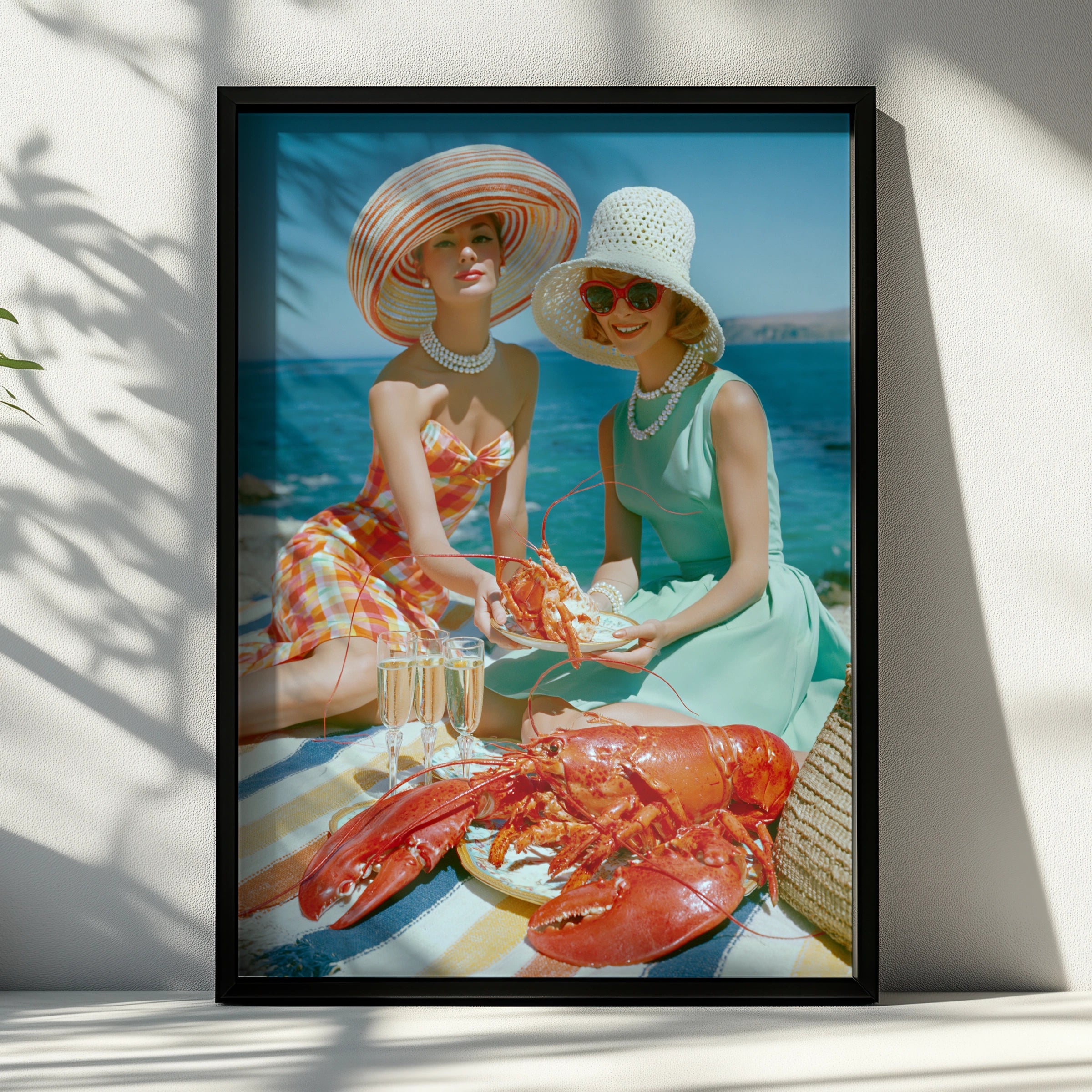 Vintage Women Lobster Beach Picnic Poster, Retro 1950s Summer Wall Art