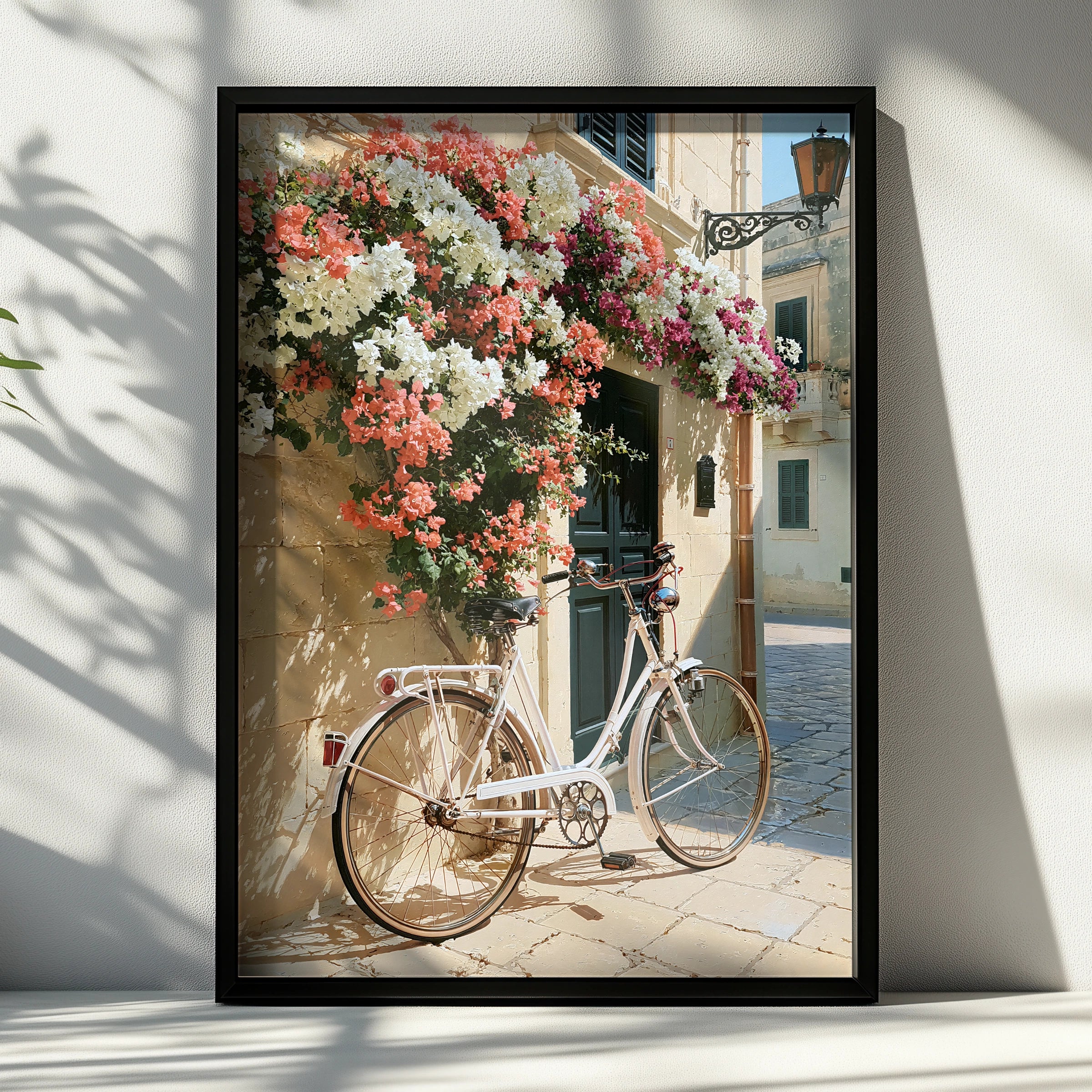 Bicycle Flowers Street Poster, Mediterranean Wall Art, Bougainvillea Print