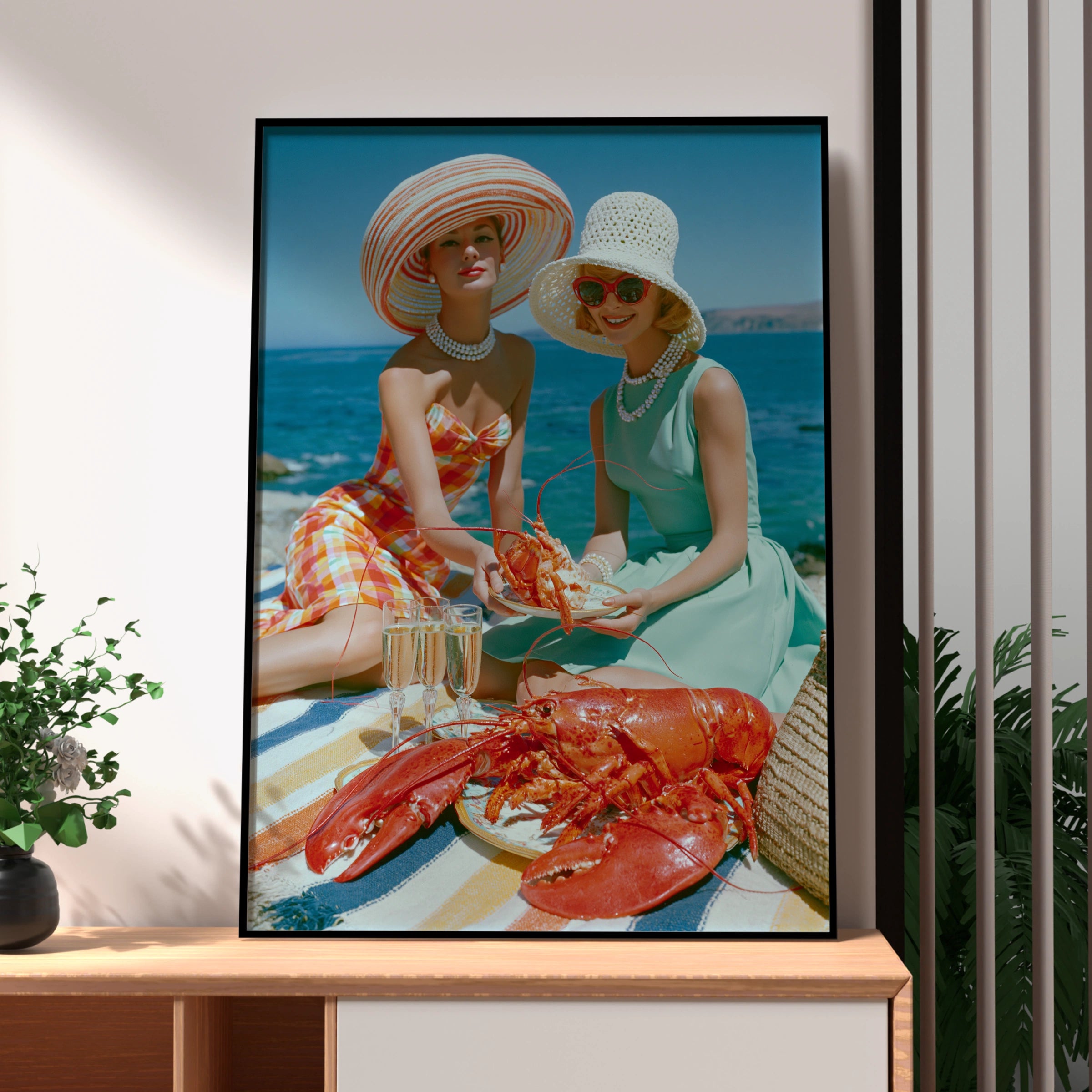 Vintage Women Lobster Beach Picnic Poster, Retro 1950s Summer Wall Art