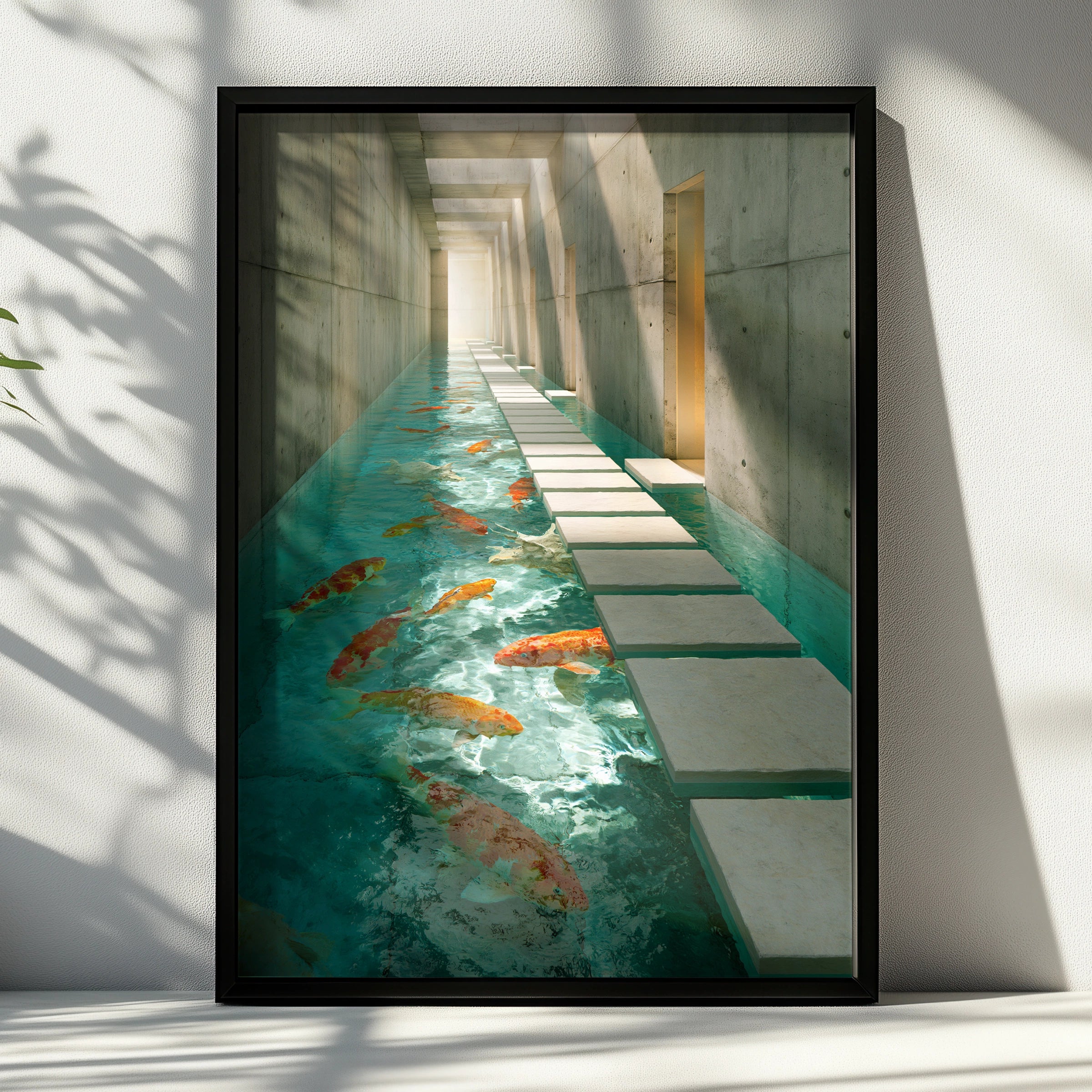 Koi Fish Brutalist Corridor Poster, Japanese Carp Architecture Wall Art