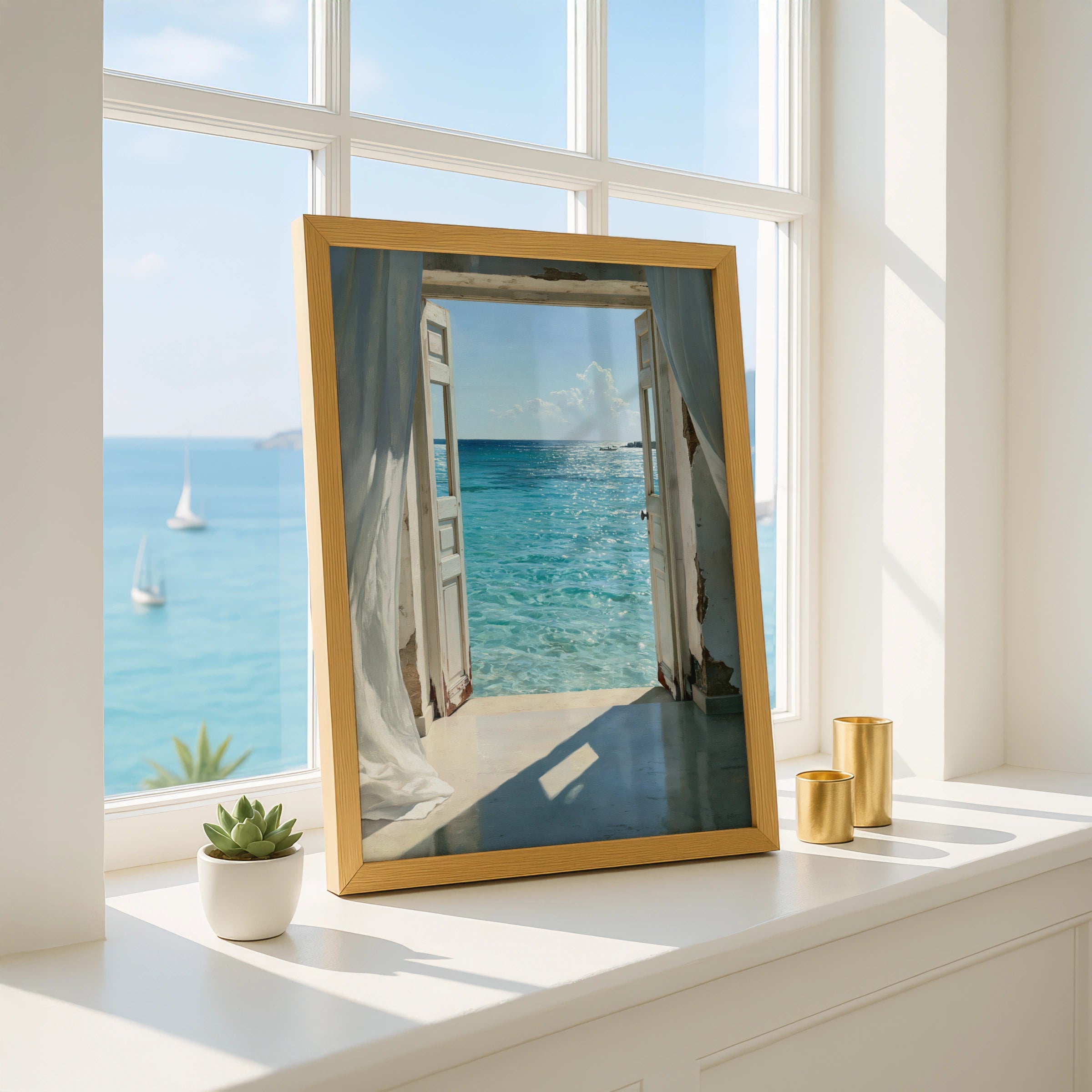 Open Door Sea View Poster, Coastal Ocean Print, Mediterranean Wall Art