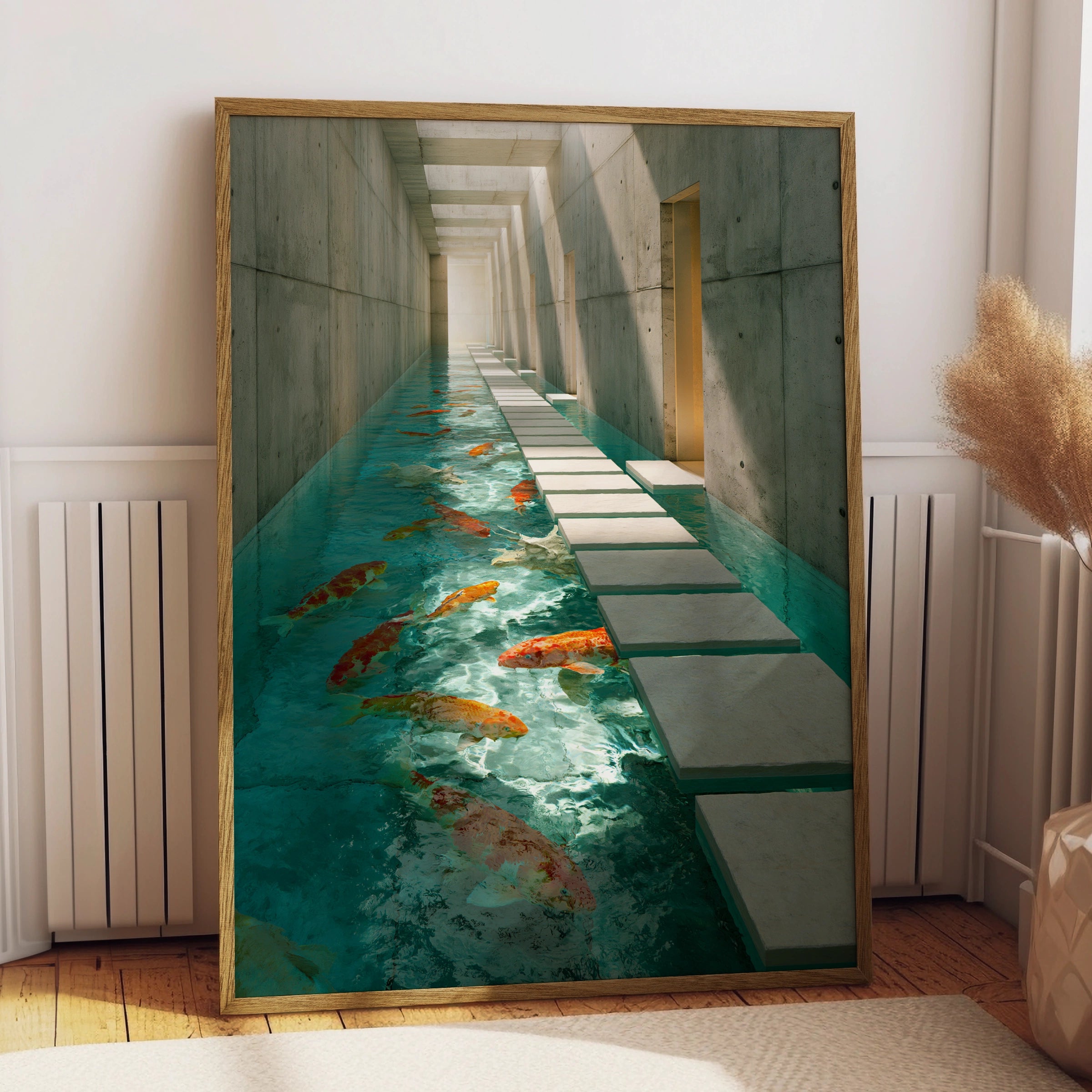 Koi Fish Brutalist Corridor Poster, Japanese Carp Architecture Wall Art