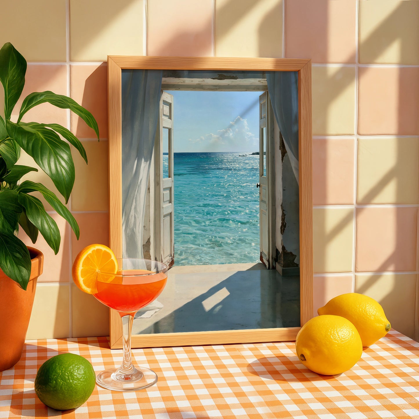 Open Door Sea View Poster, Coastal Ocean Print, Mediterranean Wall Art