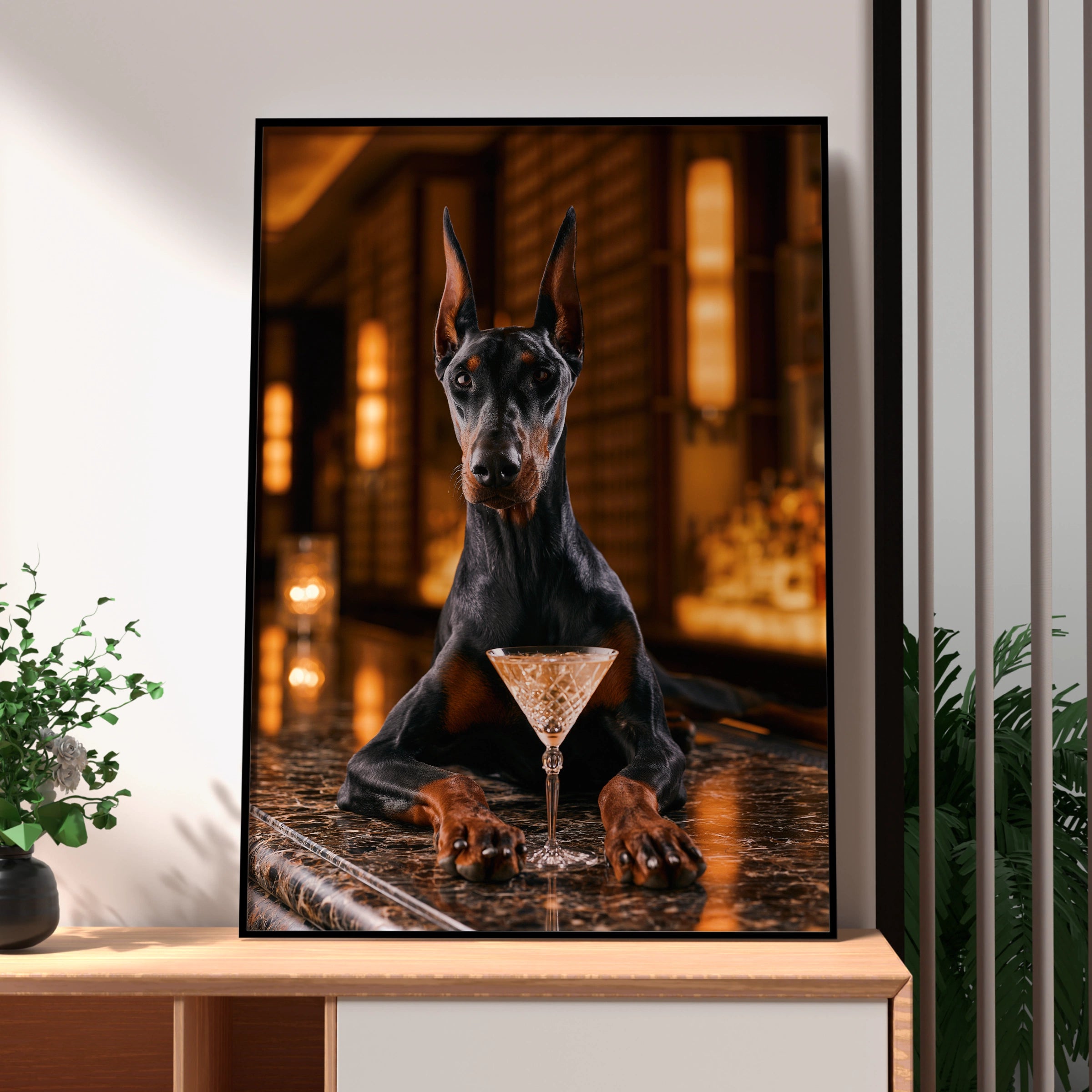 Dobermann at Bar Poster, Cocktail Dog Wall Art, Moody Luxury Print