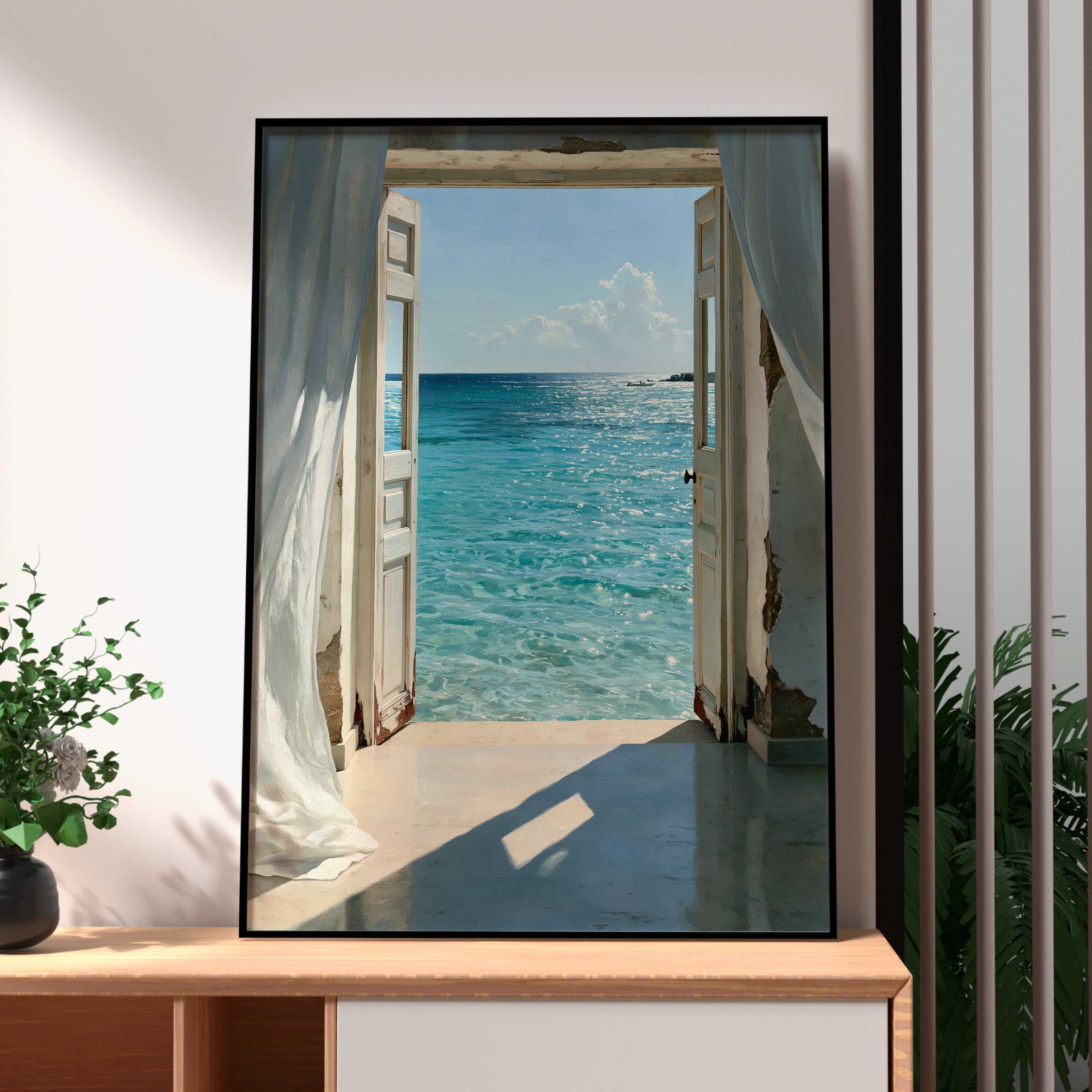 Open Door Sea View Poster, Coastal Ocean Print, Mediterranean Wall Art