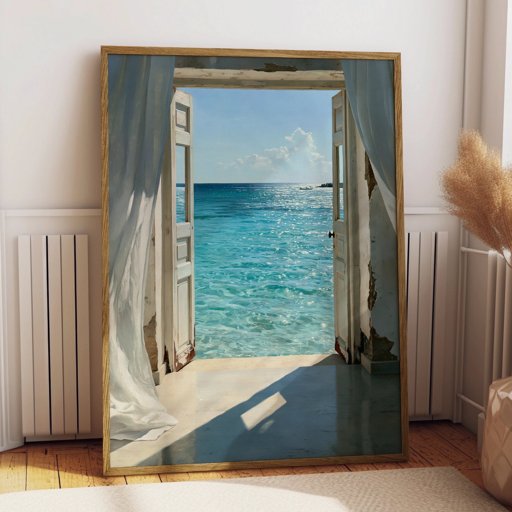 Open Door Sea View Poster, Coastal Ocean Print, Mediterranean Wall Art