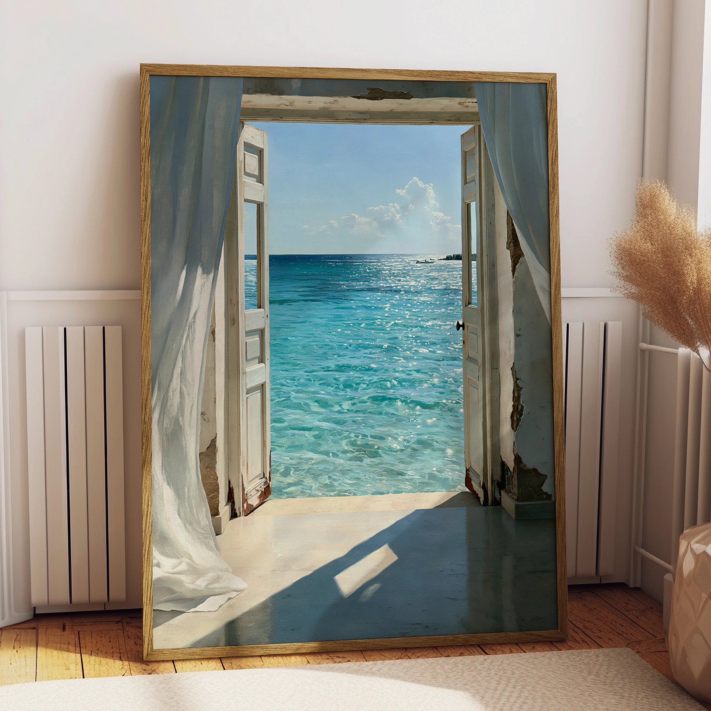 Open Door Sea View Poster, Coastal Ocean Print, Mediterranean Wall Art