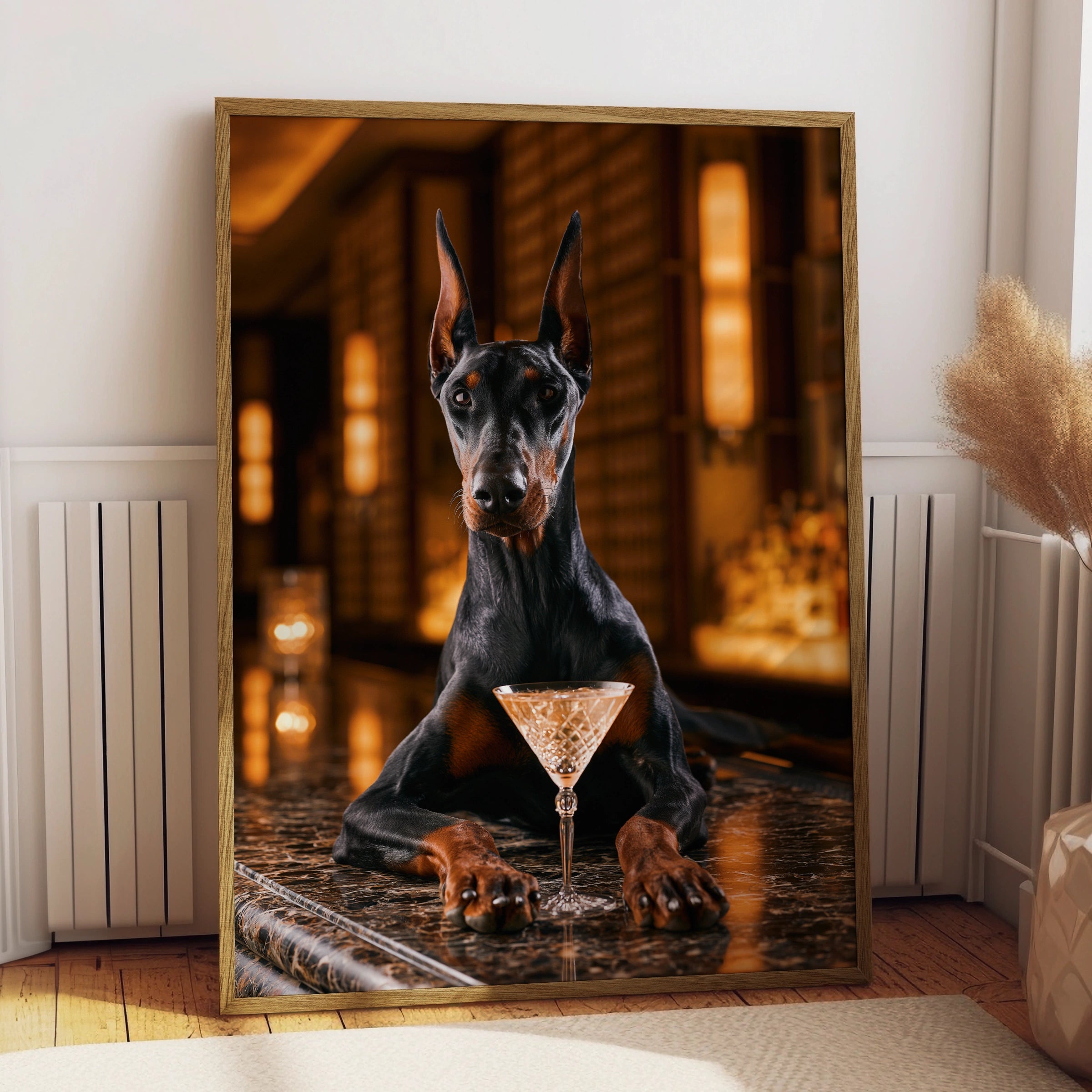 Dobermann at Bar Poster, Cocktail Dog Wall Art, Moody Luxury Print