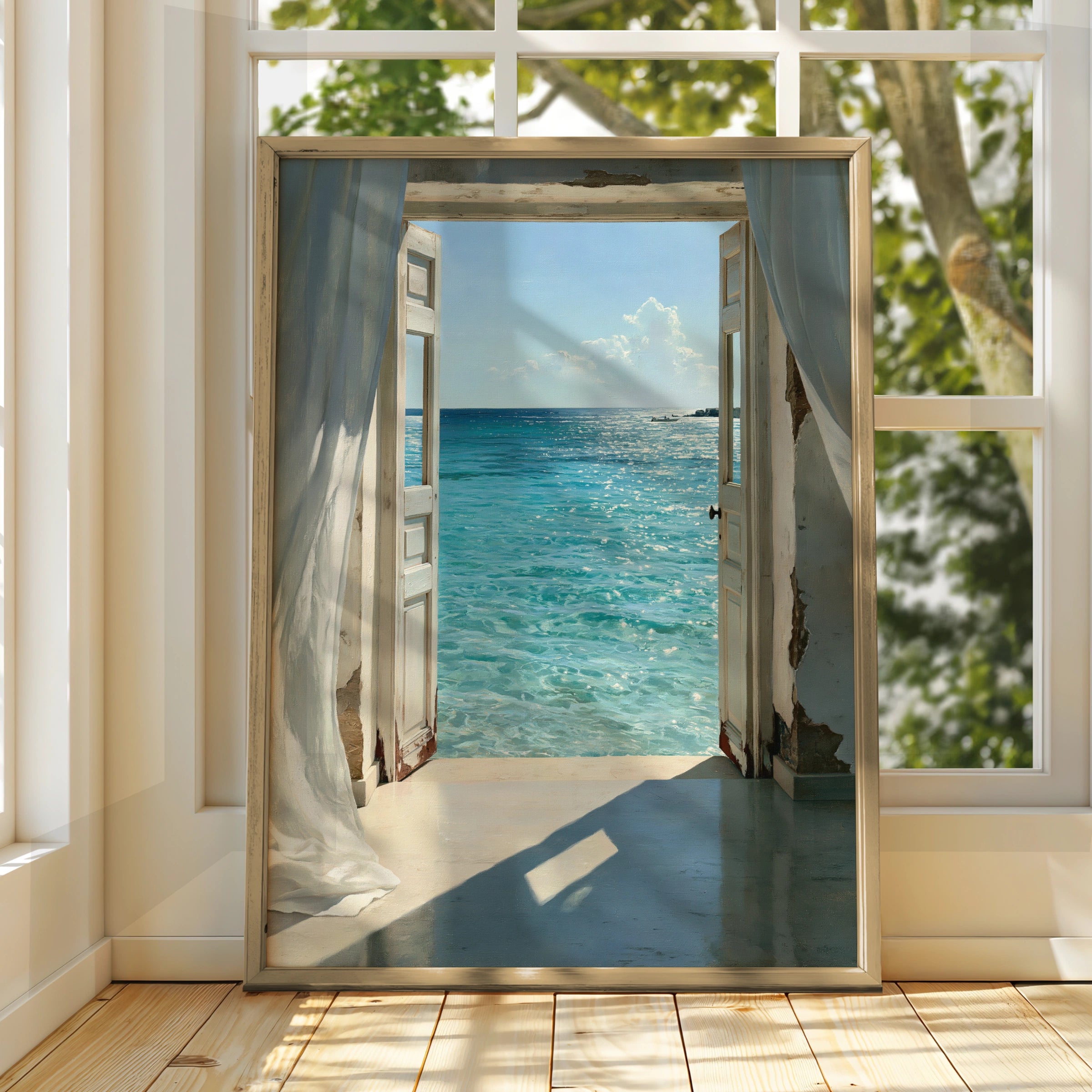 Open Door Sea View Poster, Coastal Ocean Print, Mediterranean Wall Art
