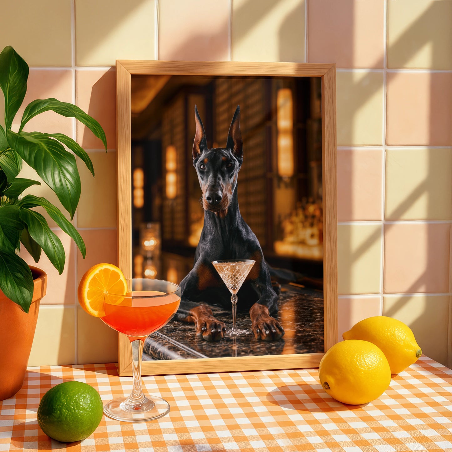 Dobermann at Bar Poster, Cocktail Dog Wall Art, Moody Luxury Print