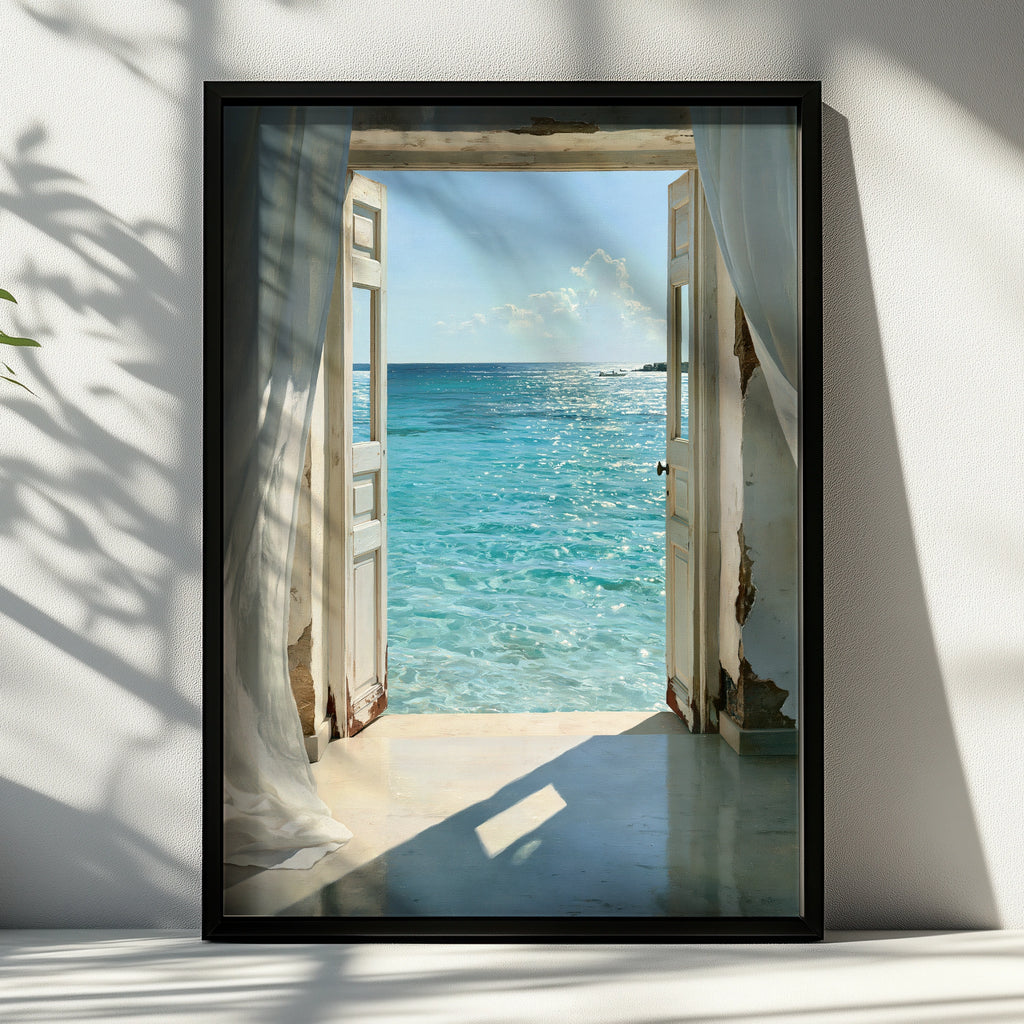 Open Door Sea View Poster, Coastal Ocean Print, Mediterranean Wall Art