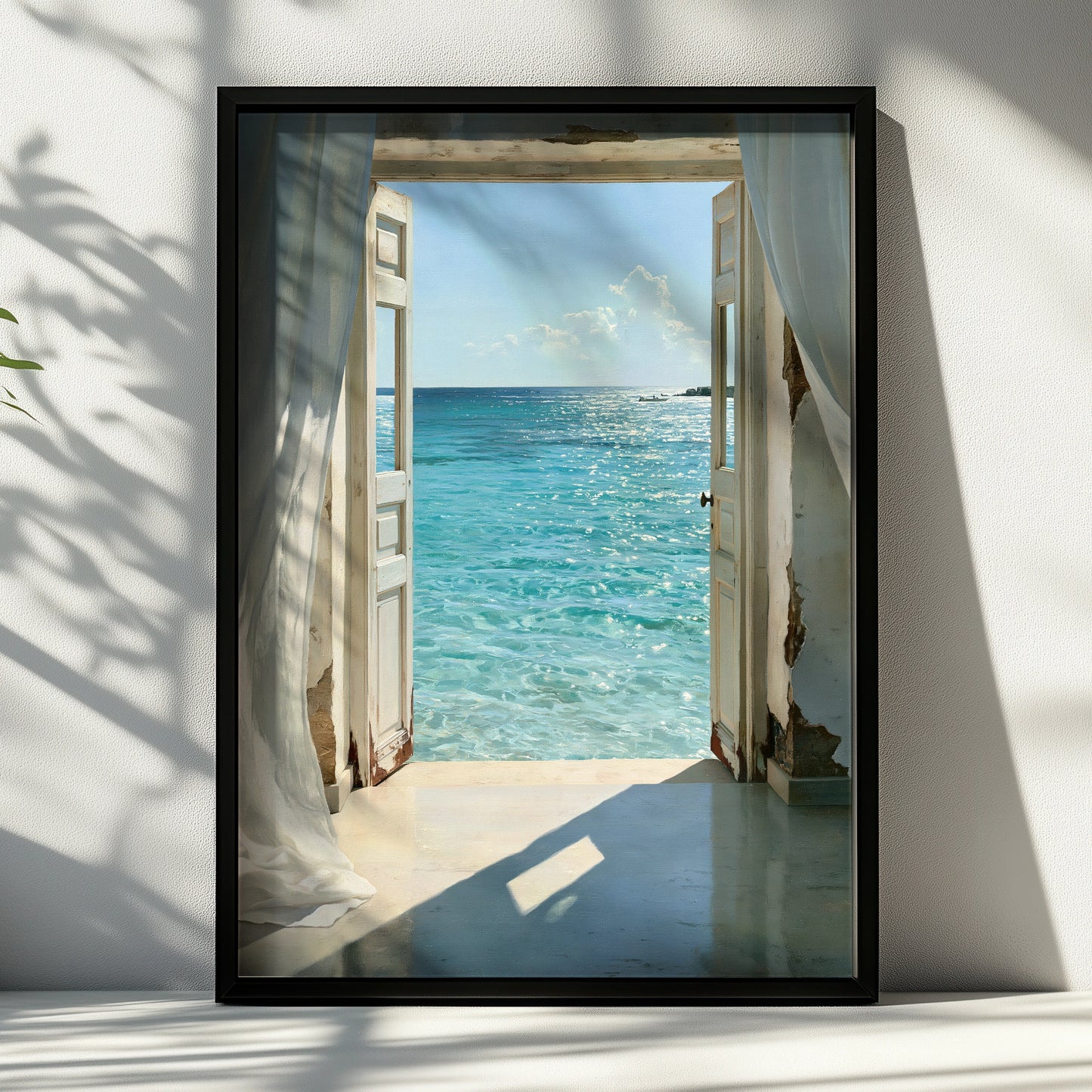 Open Door Sea View Poster, Coastal Ocean Print, Mediterranean Wall Art
