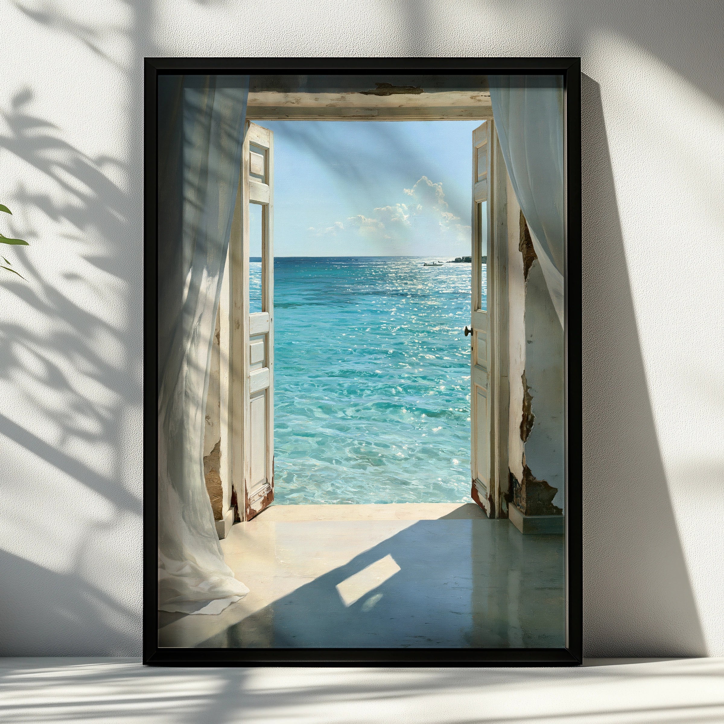 Open Door Sea View Poster, Coastal Ocean Print, Mediterranean Wall Art