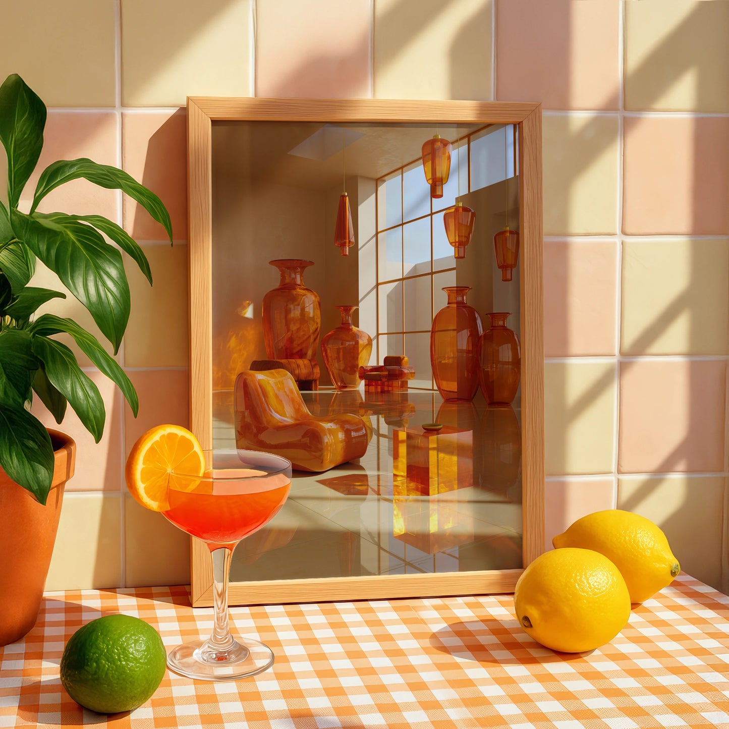 Orange Glass Room Interior Art Poster, Modern 3D Surreal Print