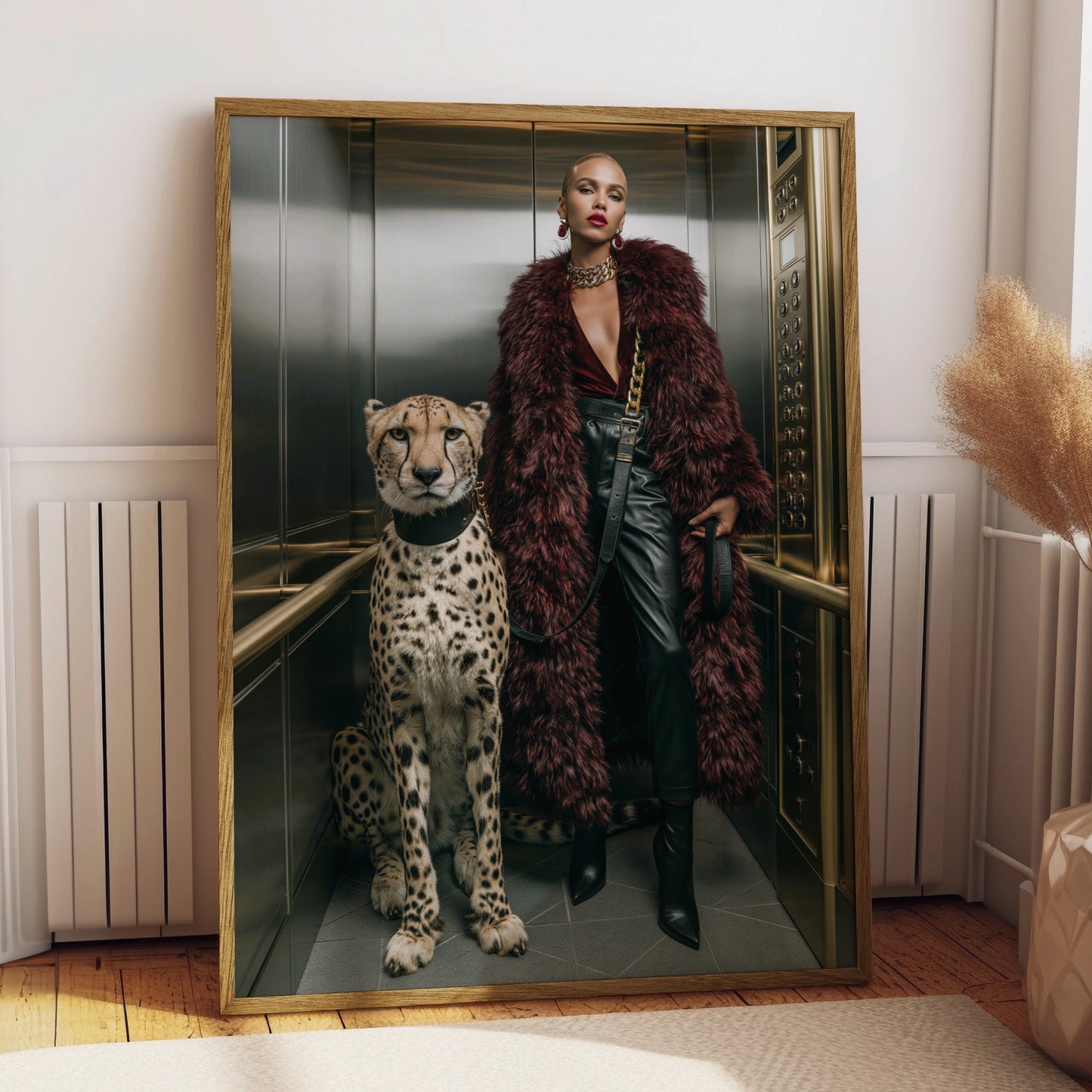 Cheetah Woman Lift Poster, Luxury Fashion Wall Art, Bold Glamour Print
