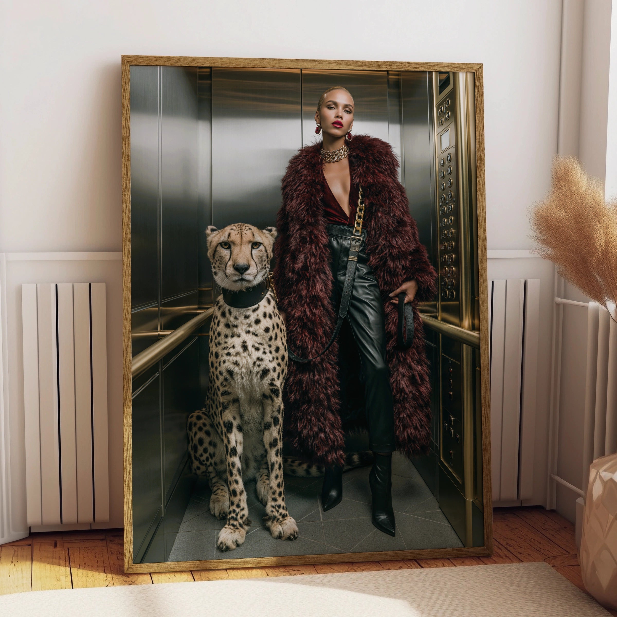 Cheetah Woman Lift Poster, Luxury Fashion Wall Art, Bold Glamour Print