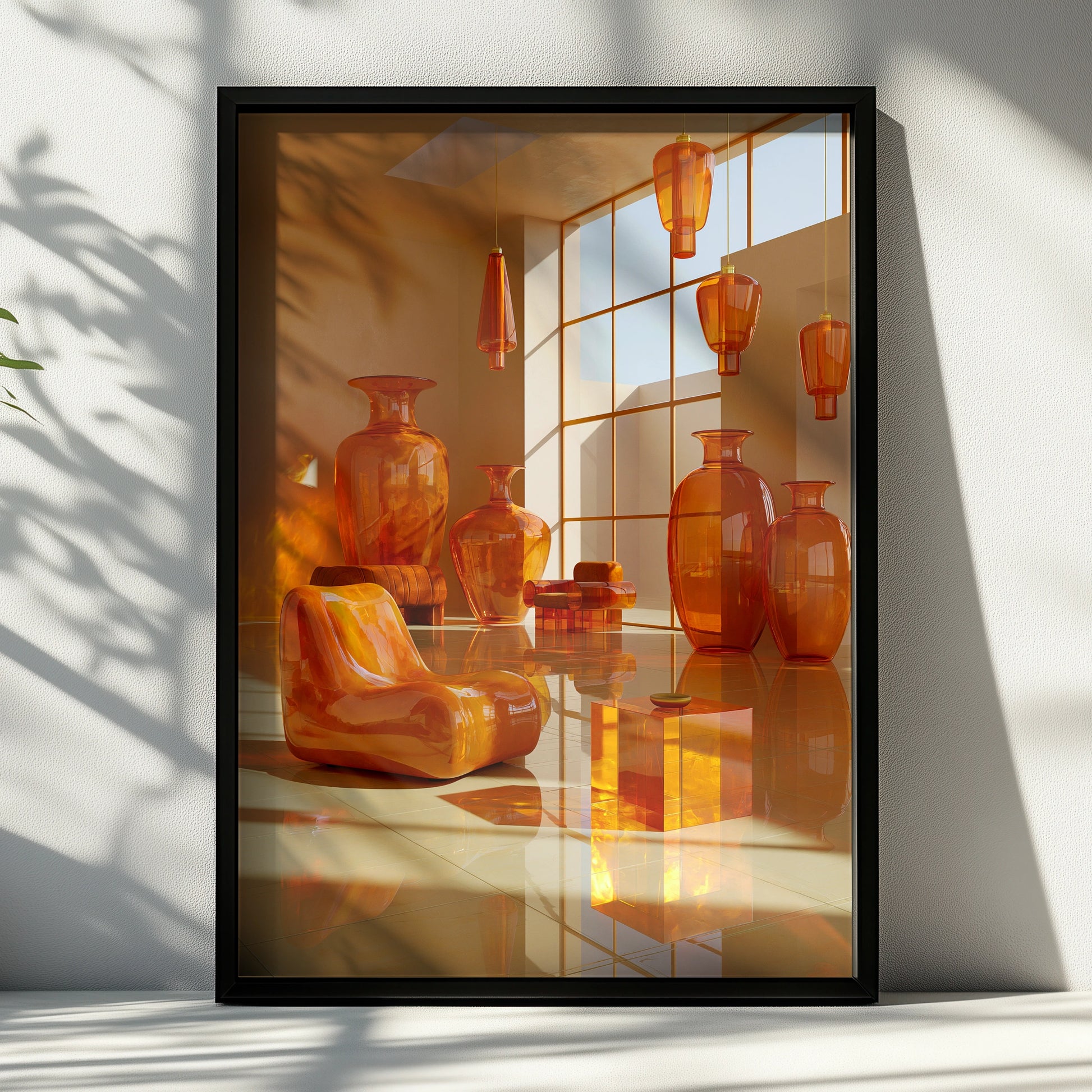 Orange Glass Room Interior Art Poster, Modern 3D Surreal Print