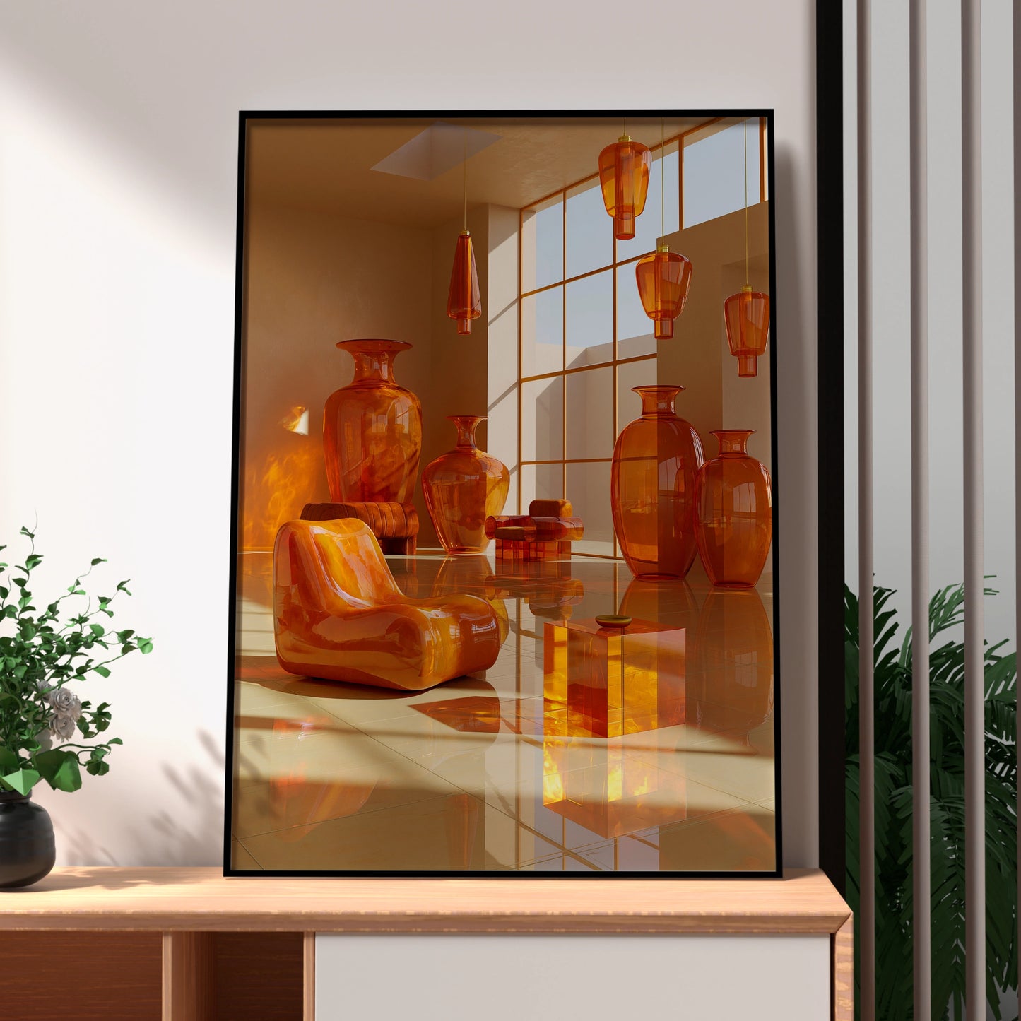 Orange Glass Room Interior Art Poster, Modern 3D Surreal Print