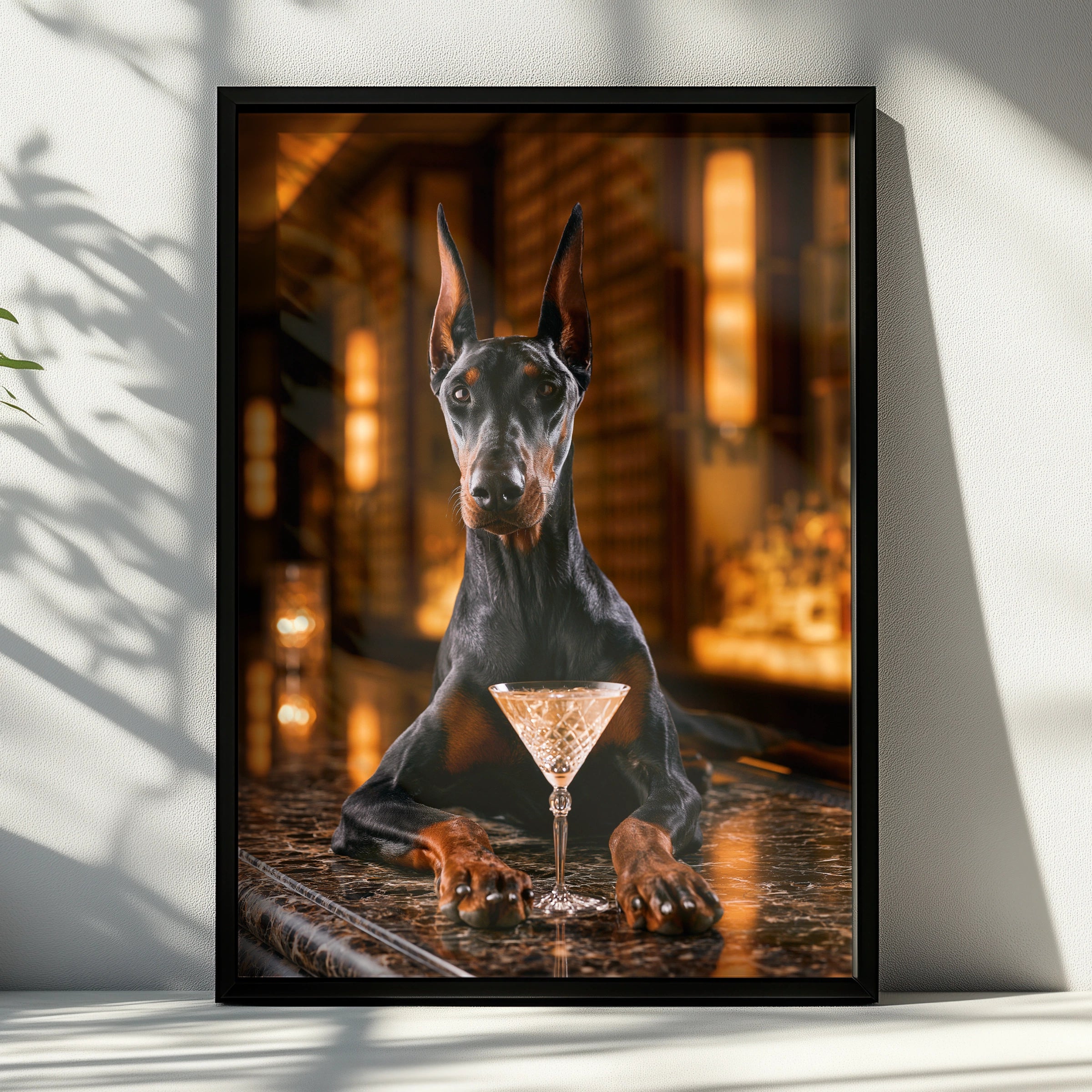 Dobermann at Bar Poster, Cocktail Dog Wall Art, Moody Luxury Print