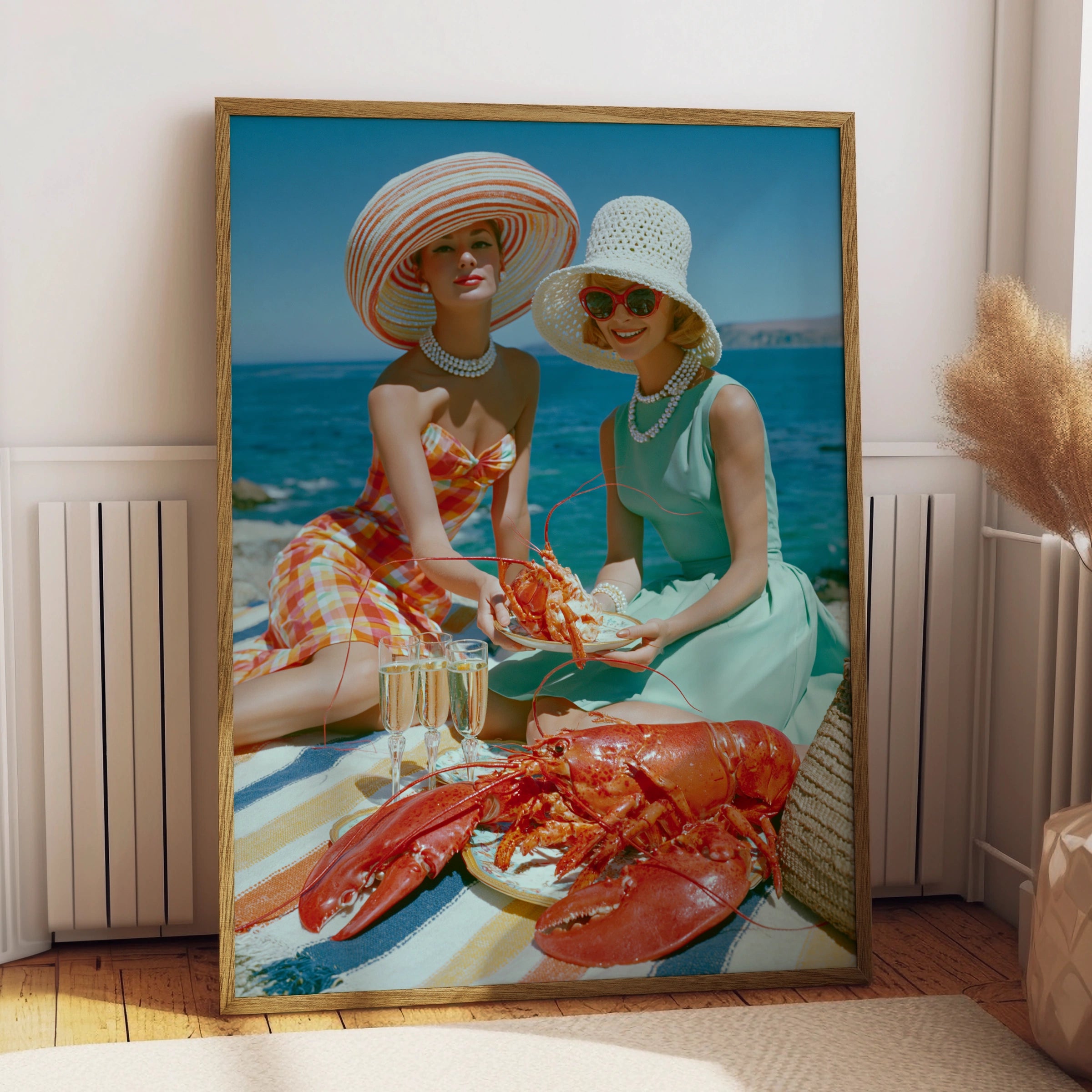 Vintage Women Lobster Beach Picnic Poster, Retro 1950s Summer Wall Art