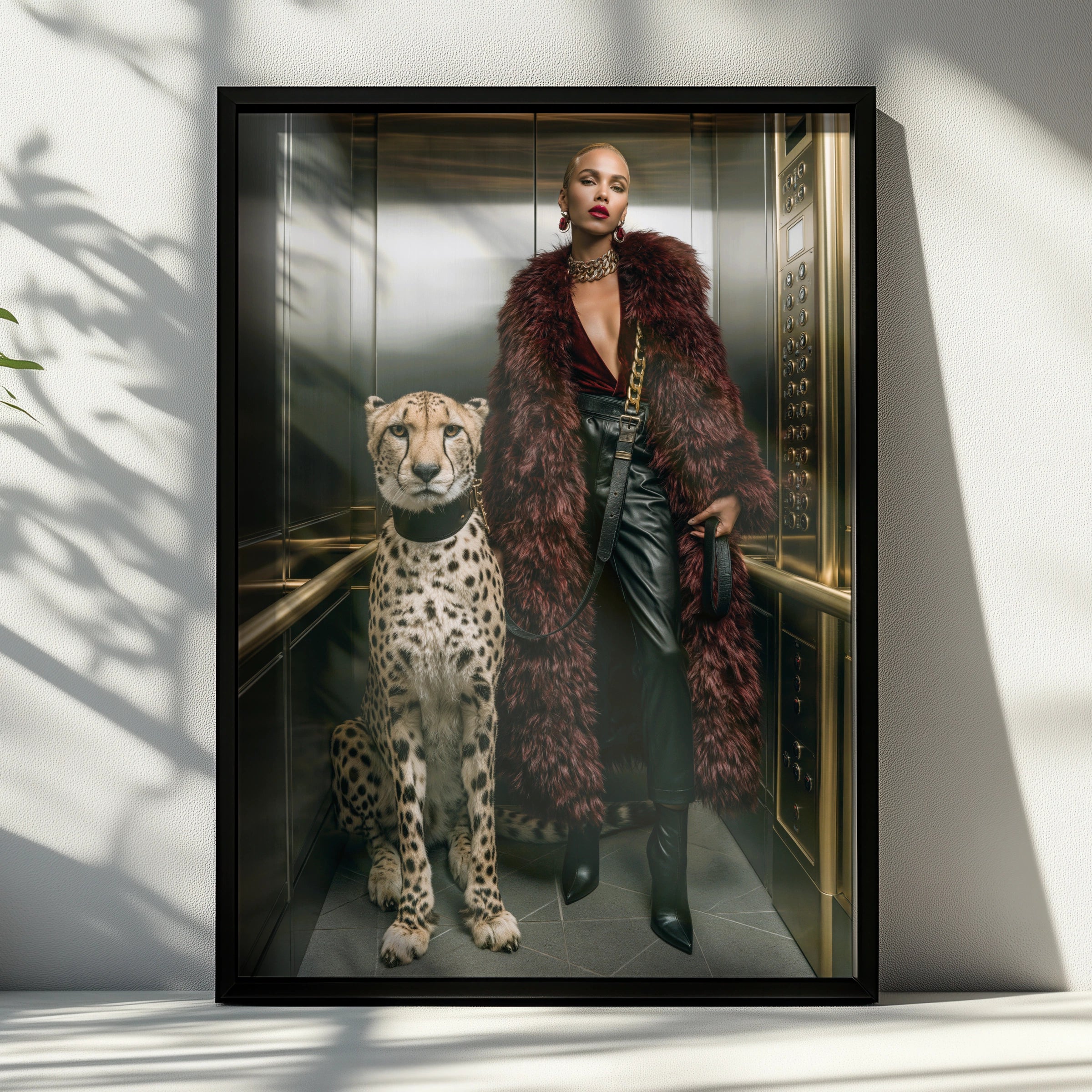 Cheetah Woman Lift Poster, Luxury Fashion Wall Art, Bold Glamour Print