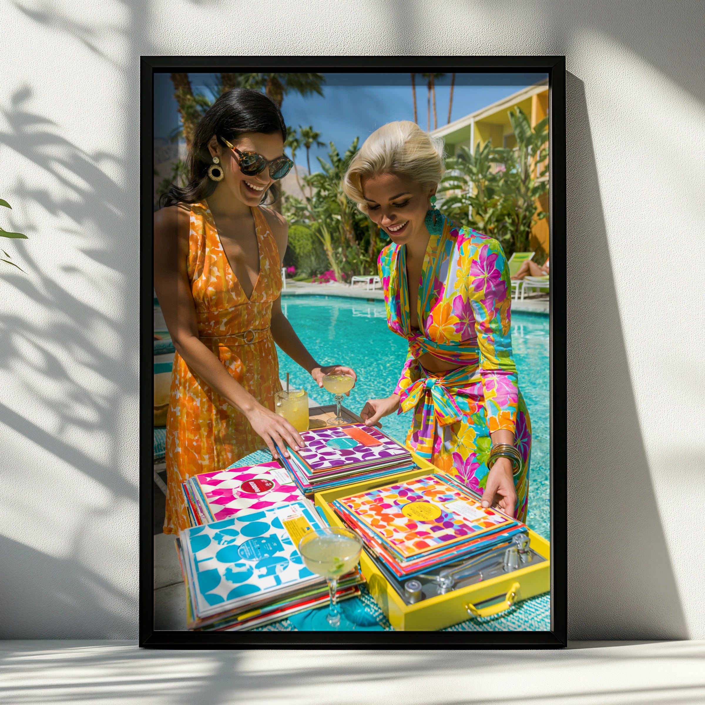 Women Browsing Vinyl Records Pool, Retro Palm Springs Poster, 60s Style