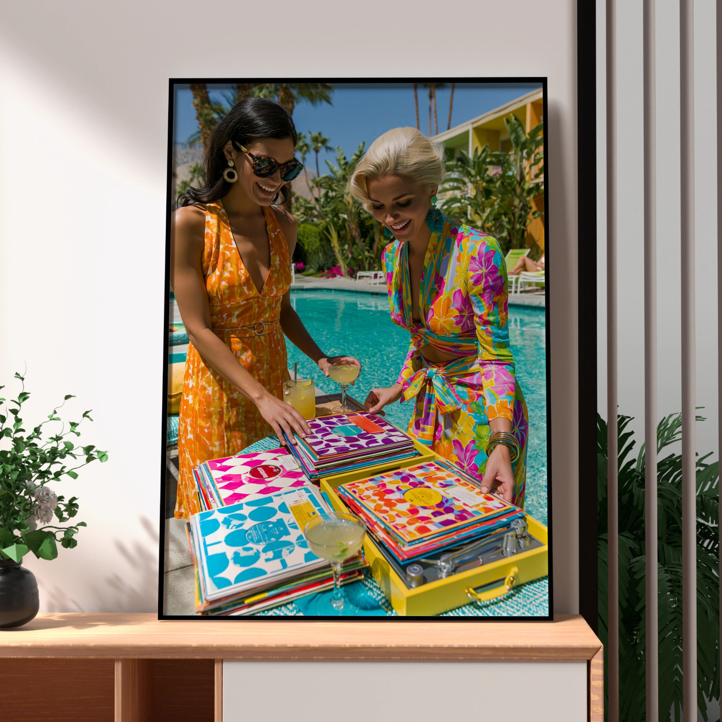 Women Browsing Vinyl Records Pool, Retro Palm Springs Poster, 60s Style