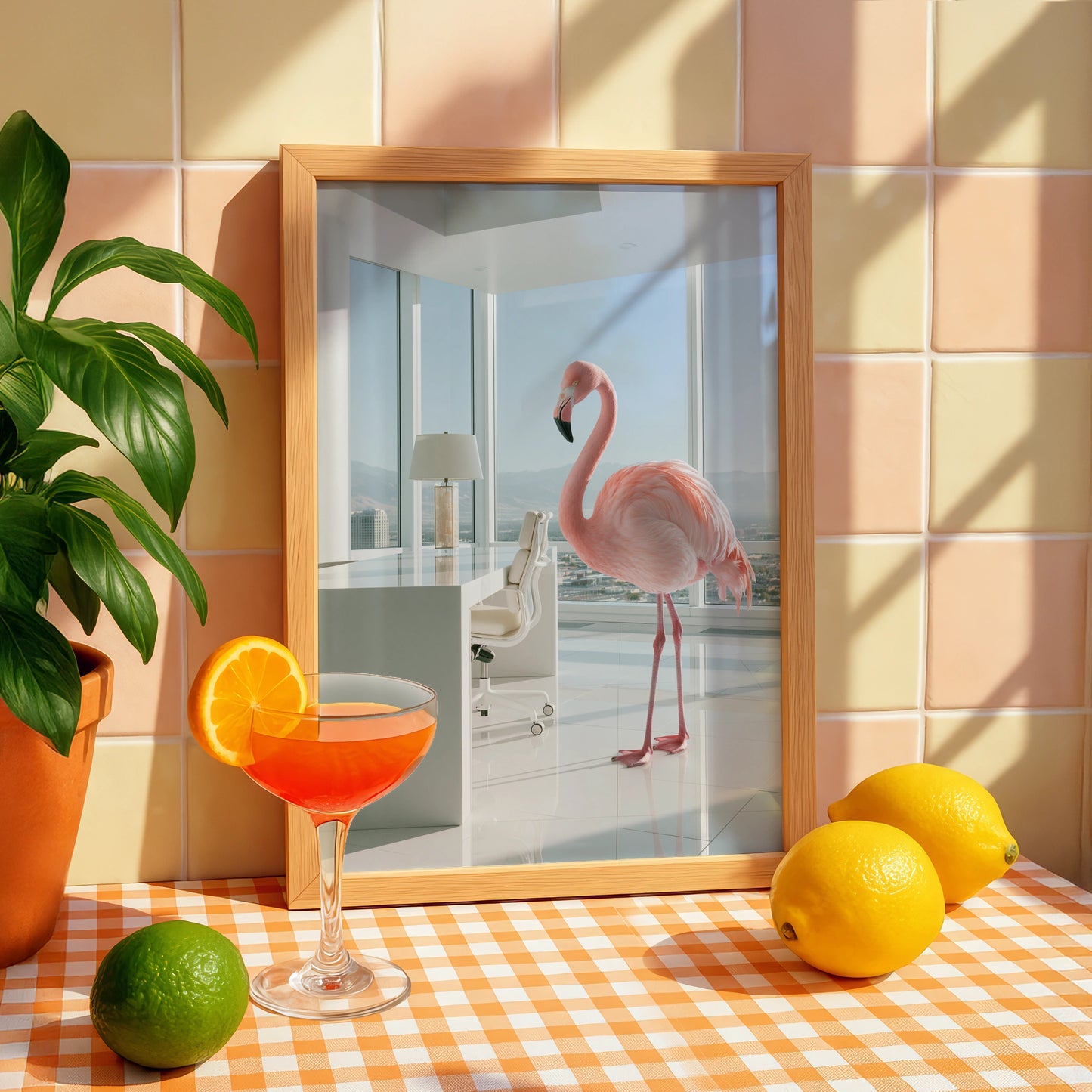 Flamingo in Office Wall Art Poster, Surreal Pink Bird, Modern Minimalist Print