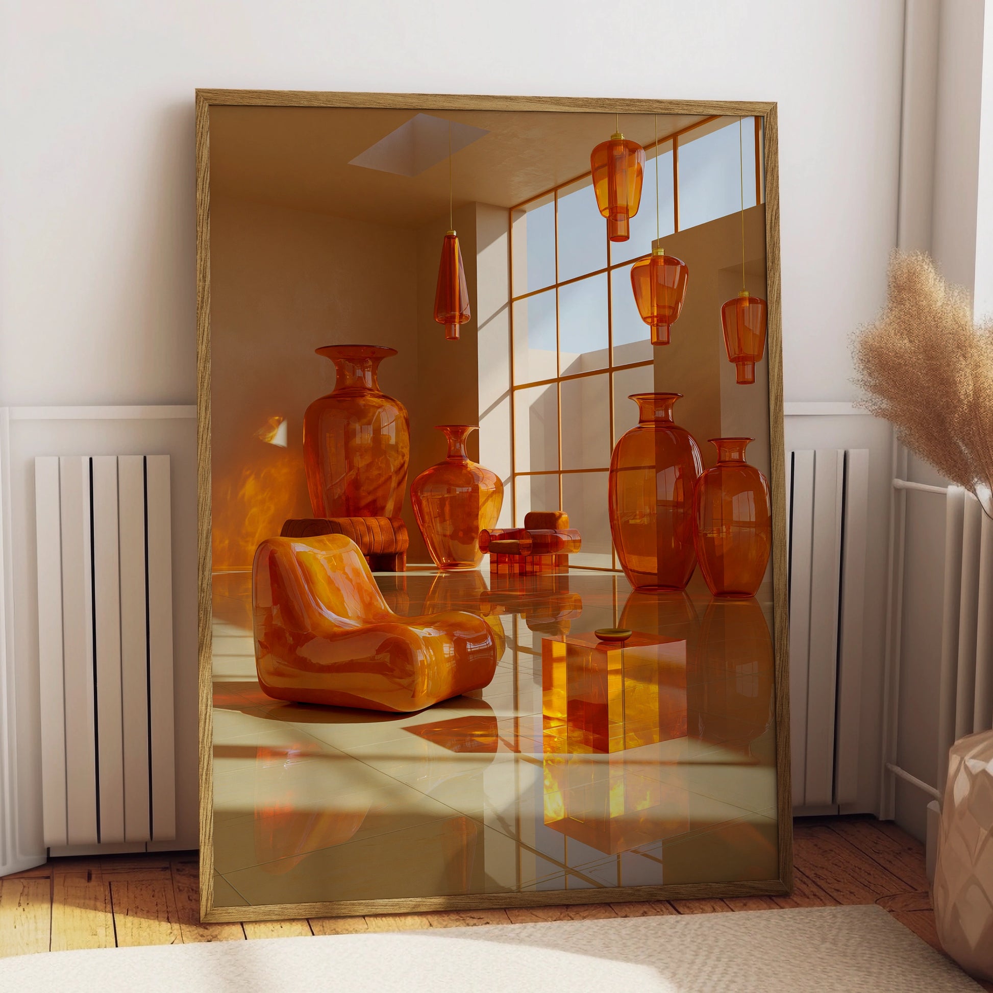 Orange Glass Room Interior Art Poster, Modern 3D Surreal Print