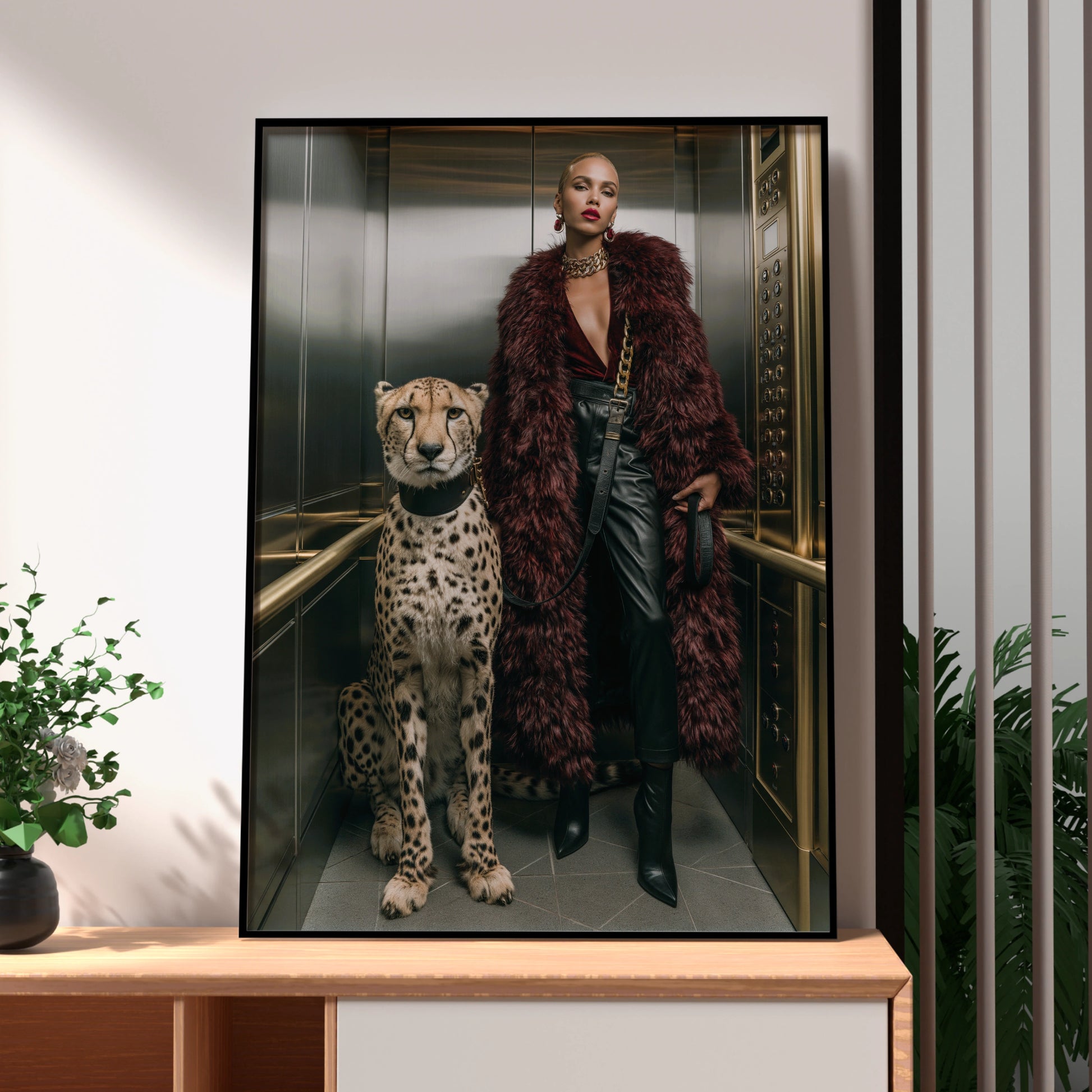 Cheetah Woman Lift Poster, Luxury Fashion Wall Art, Bold Glamour Print