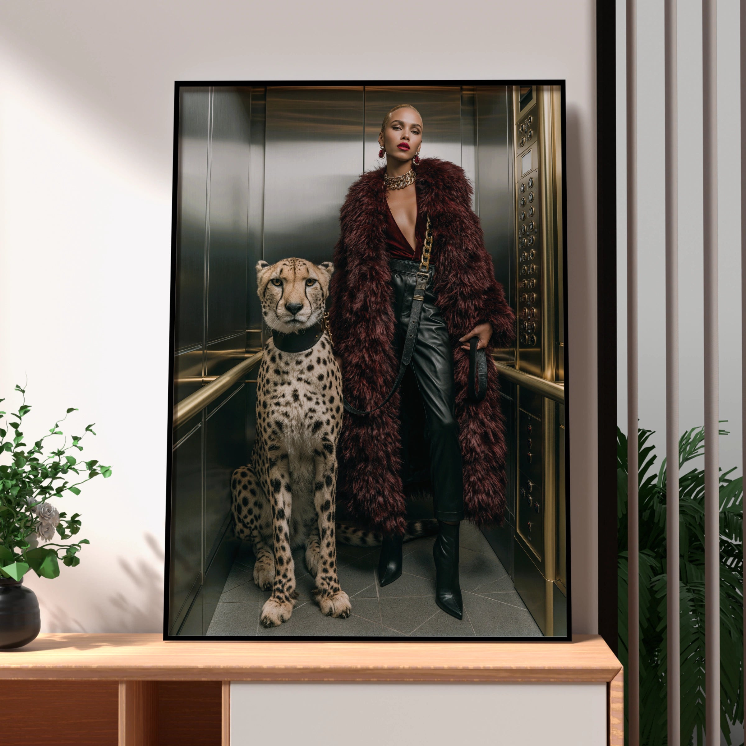 Cheetah Woman Lift Poster, Luxury Fashion Wall Art, Bold Glamour Print