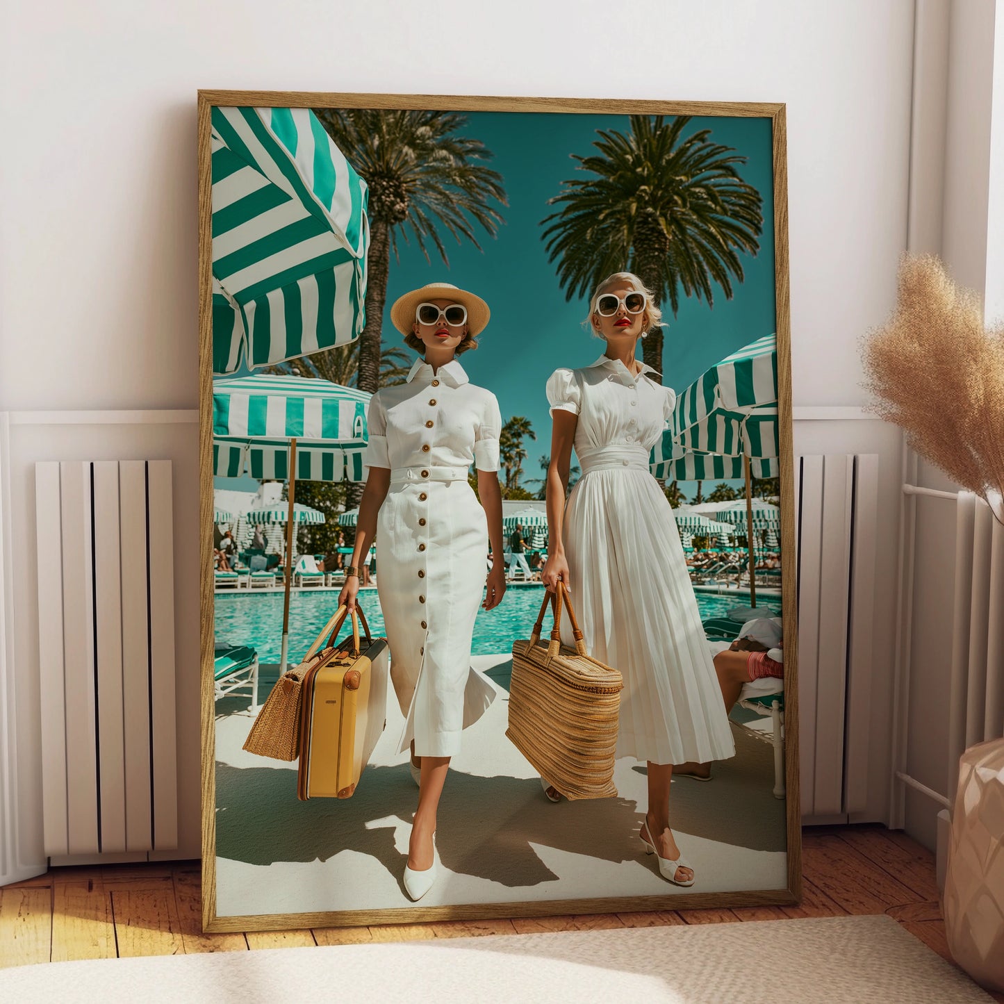 Women by Hotel Pool, Retro Fashion Poster, Vintage Summer Art Print