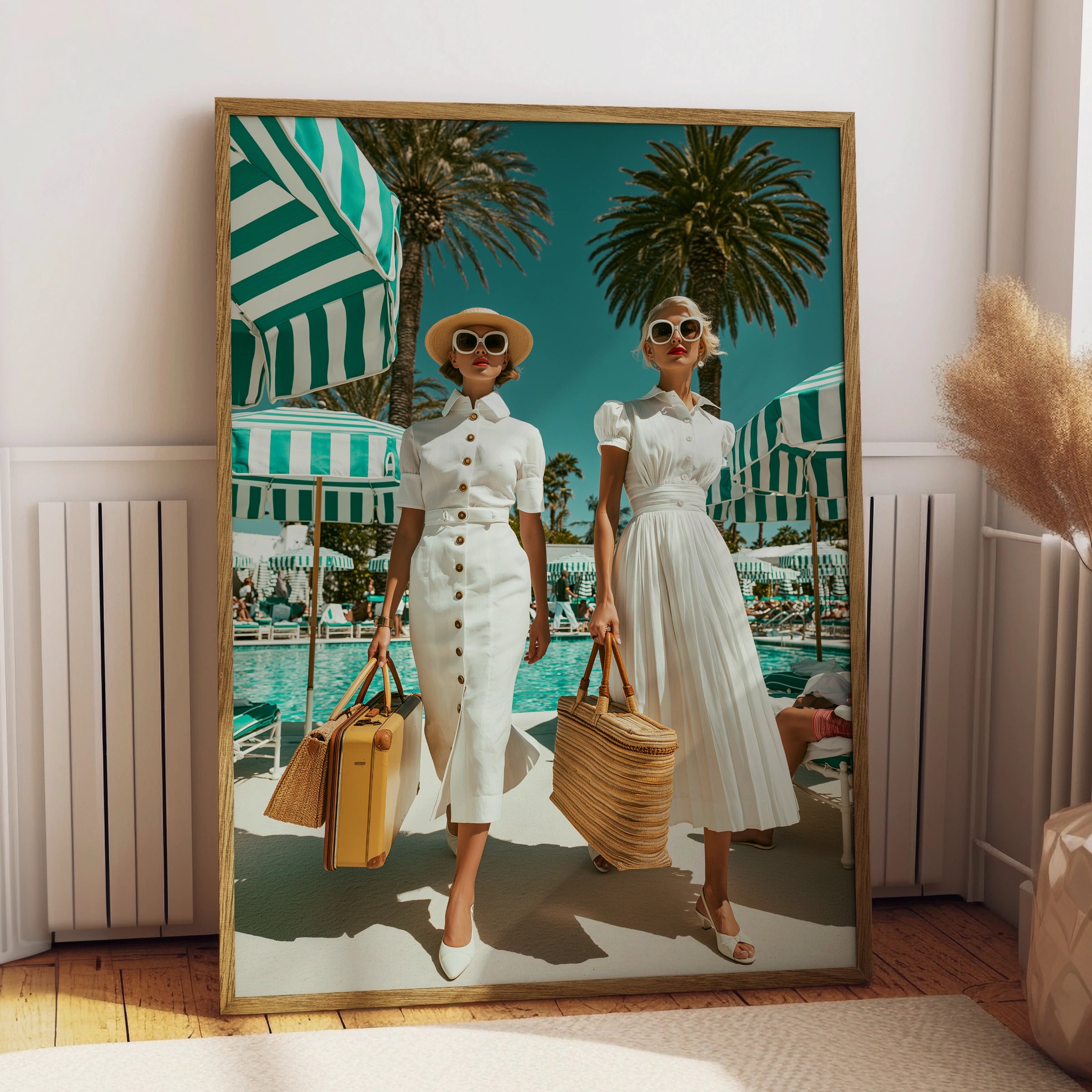 Women by Hotel Pool, Retro Fashion Poster, Vintage Summer Art Print