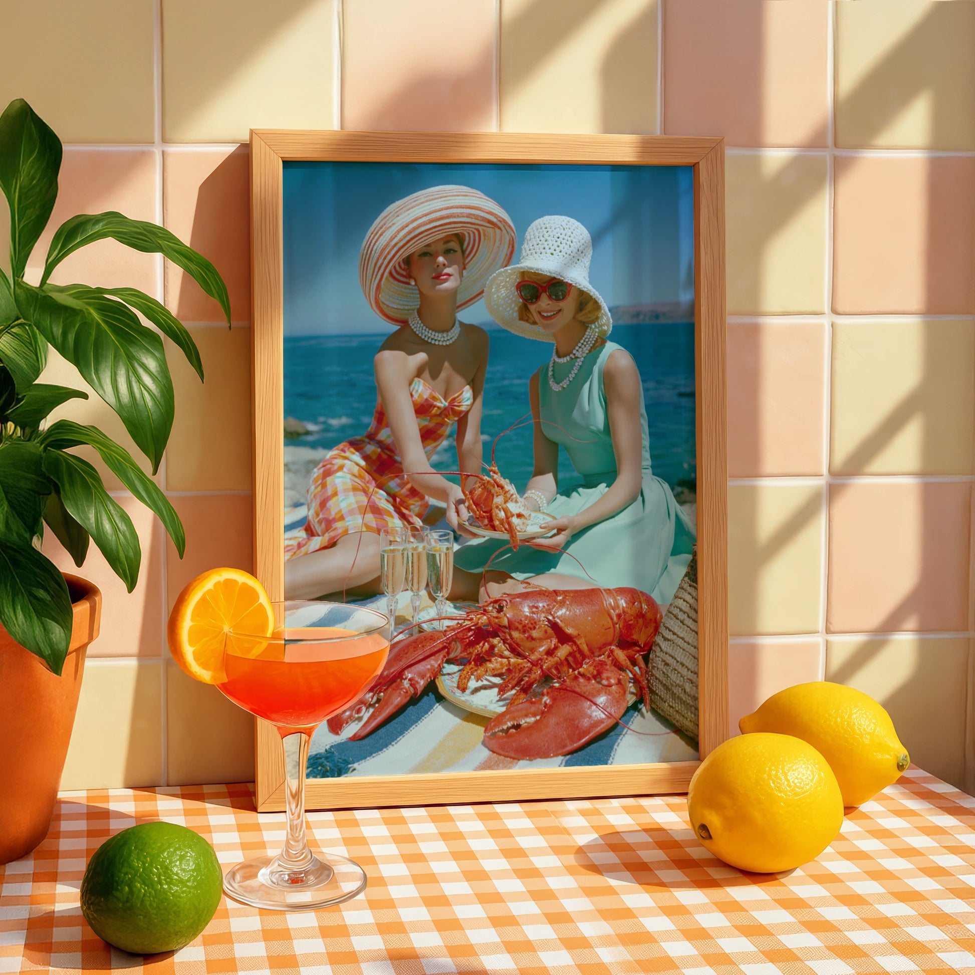 Vintage Women Lobster Beach Picnic Poster, Retro 1950s Summer Wall Art