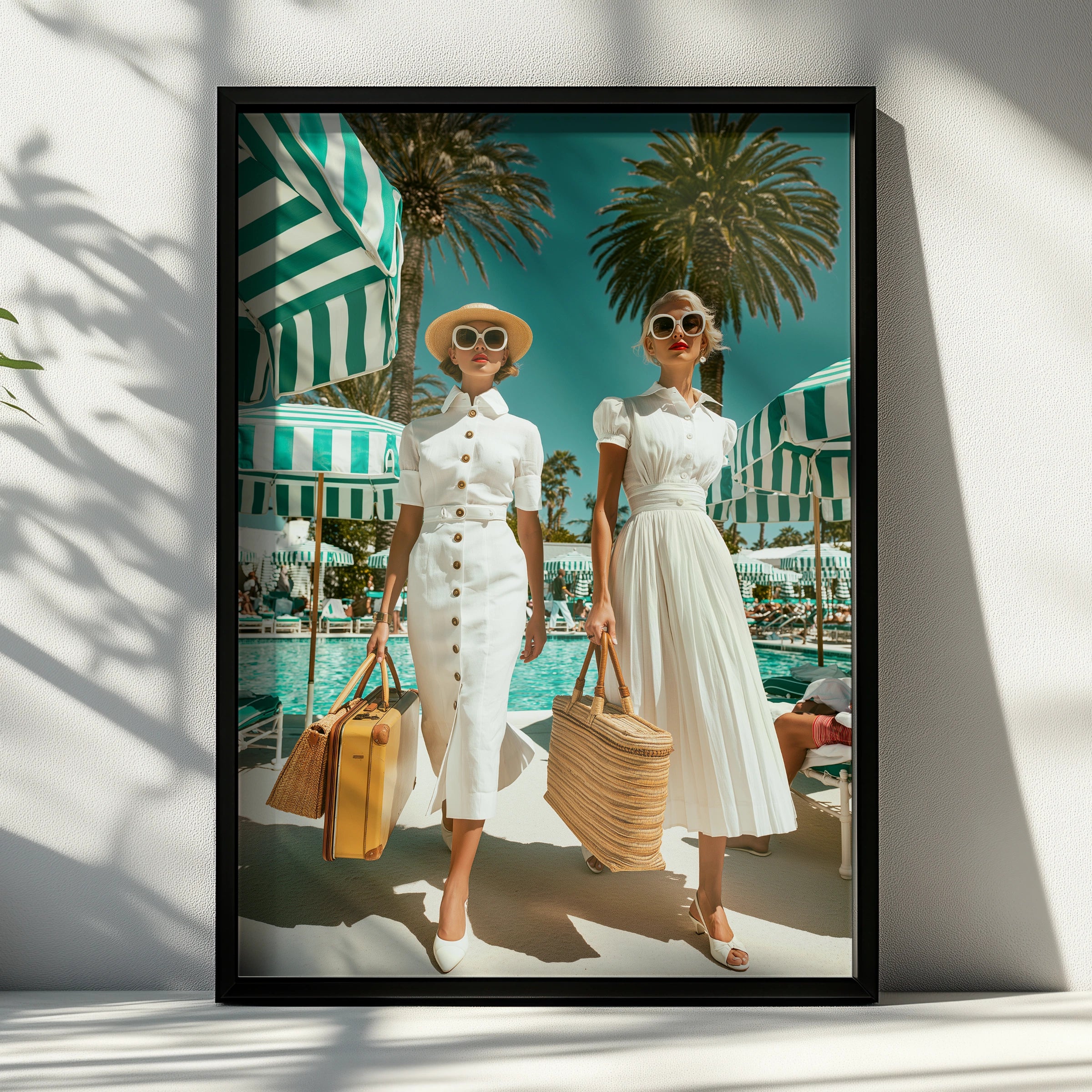 Women by Hotel Pool, Retro Fashion Poster, Vintage Summer Art Print