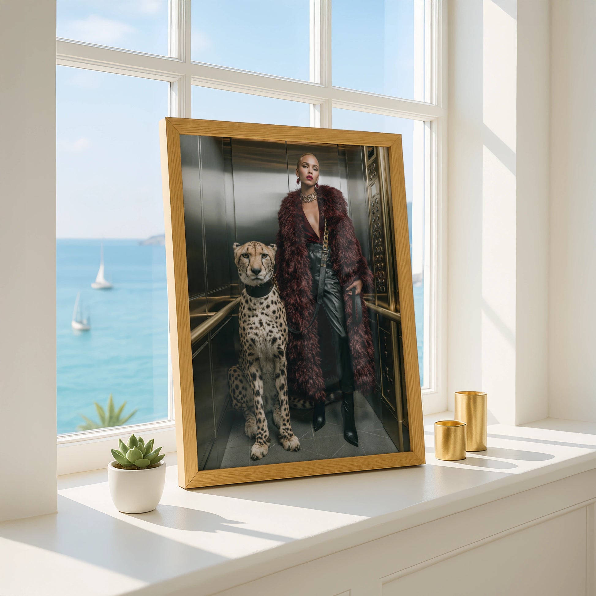 Cheetah Woman Lift Poster, Luxury Fashion Wall Art, Bold Glamour Print
