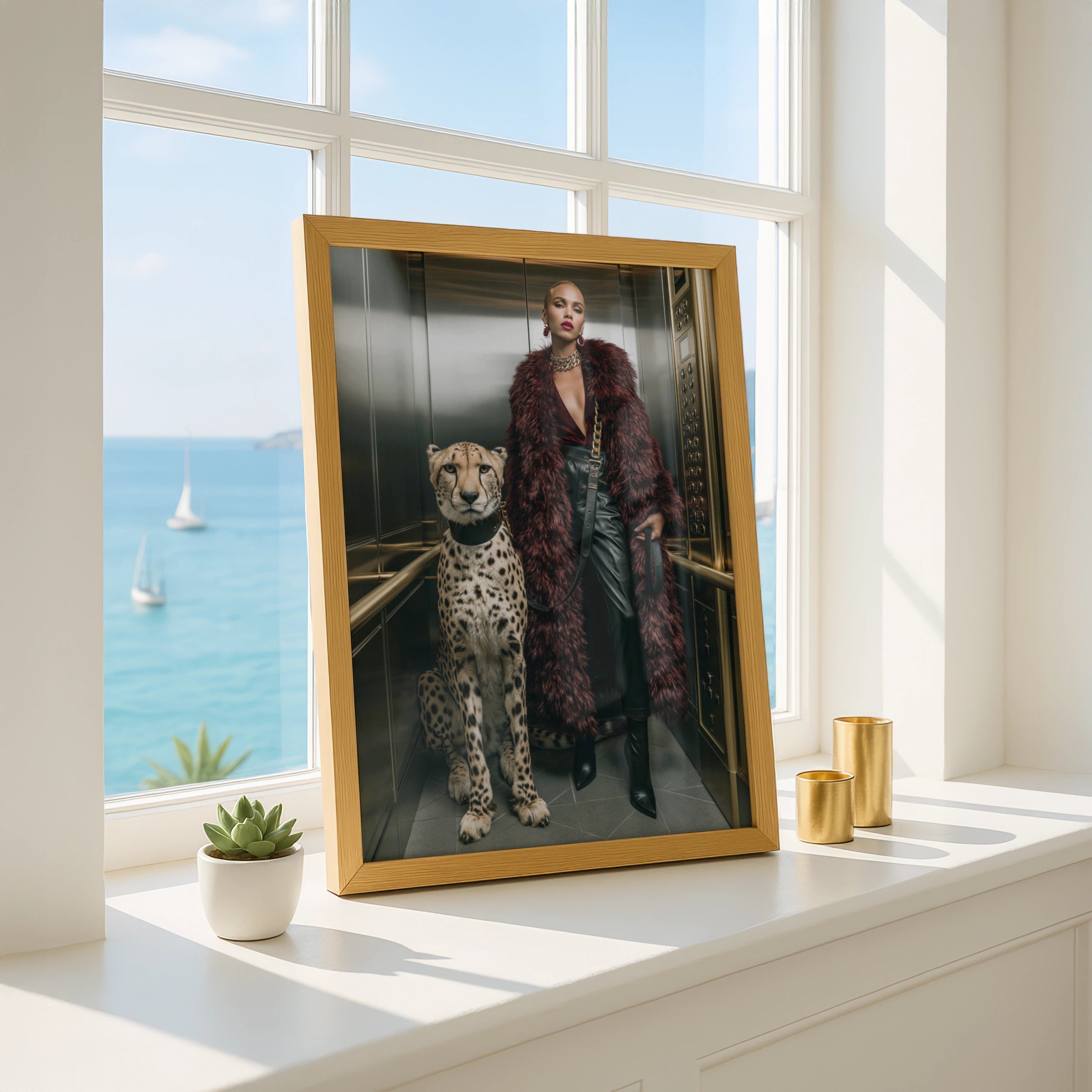 Cheetah Woman Lift Poster, Luxury Fashion Wall Art, Bold Glamour Print