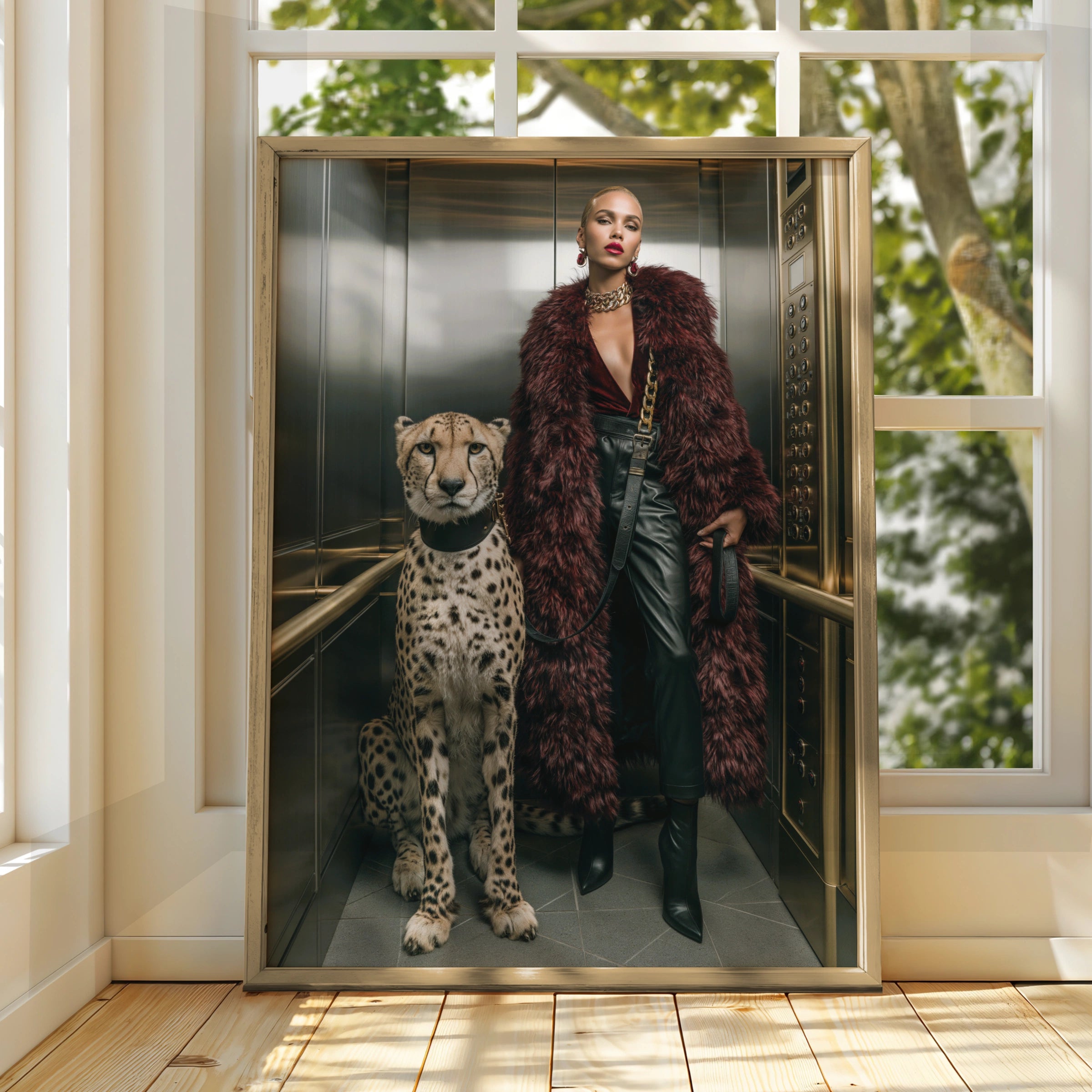 Cheetah Woman Lift Poster, Luxury Fashion Wall Art, Bold Glamour Print