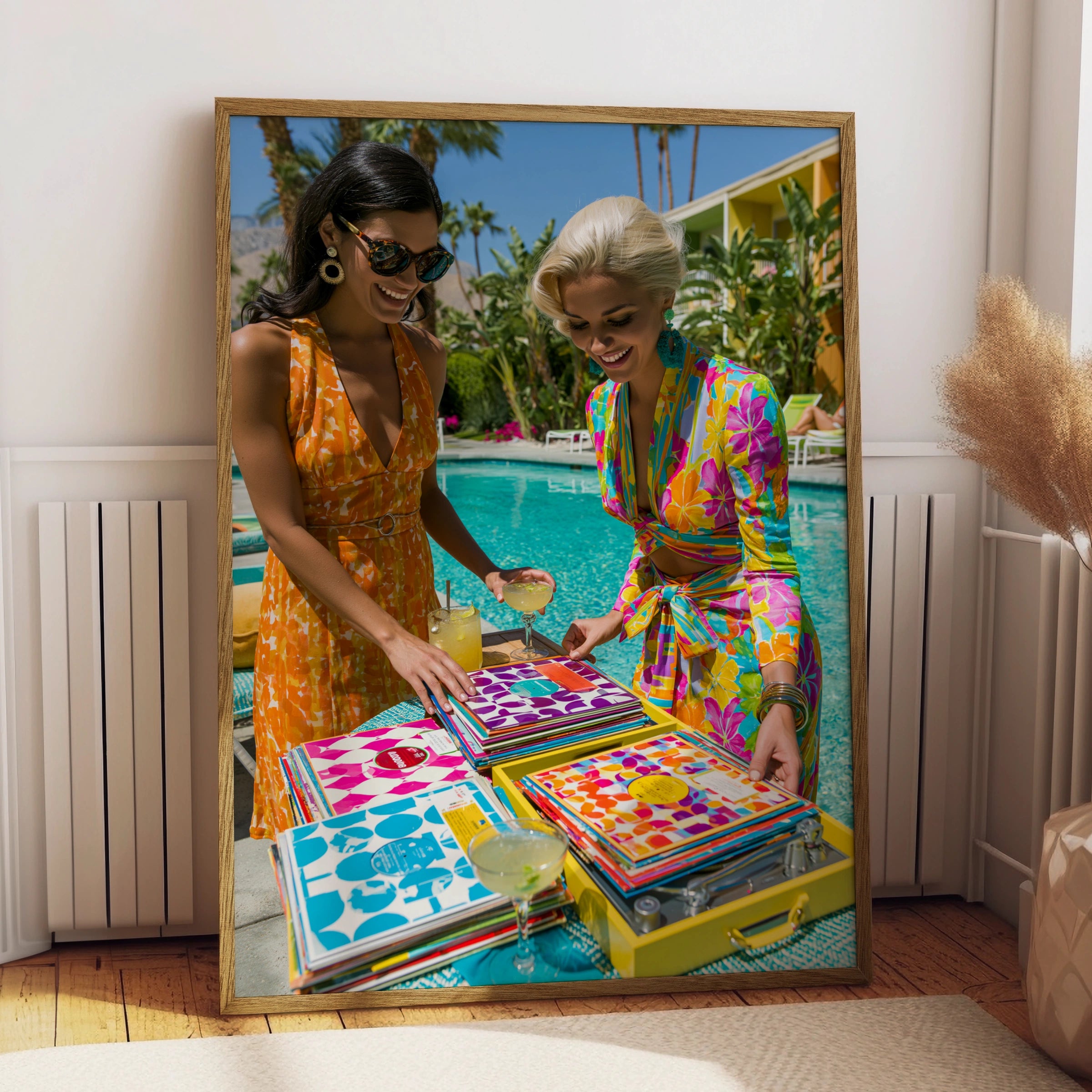 Women Browsing Vinyl Records Pool, Retro Palm Springs Poster, 60s Style