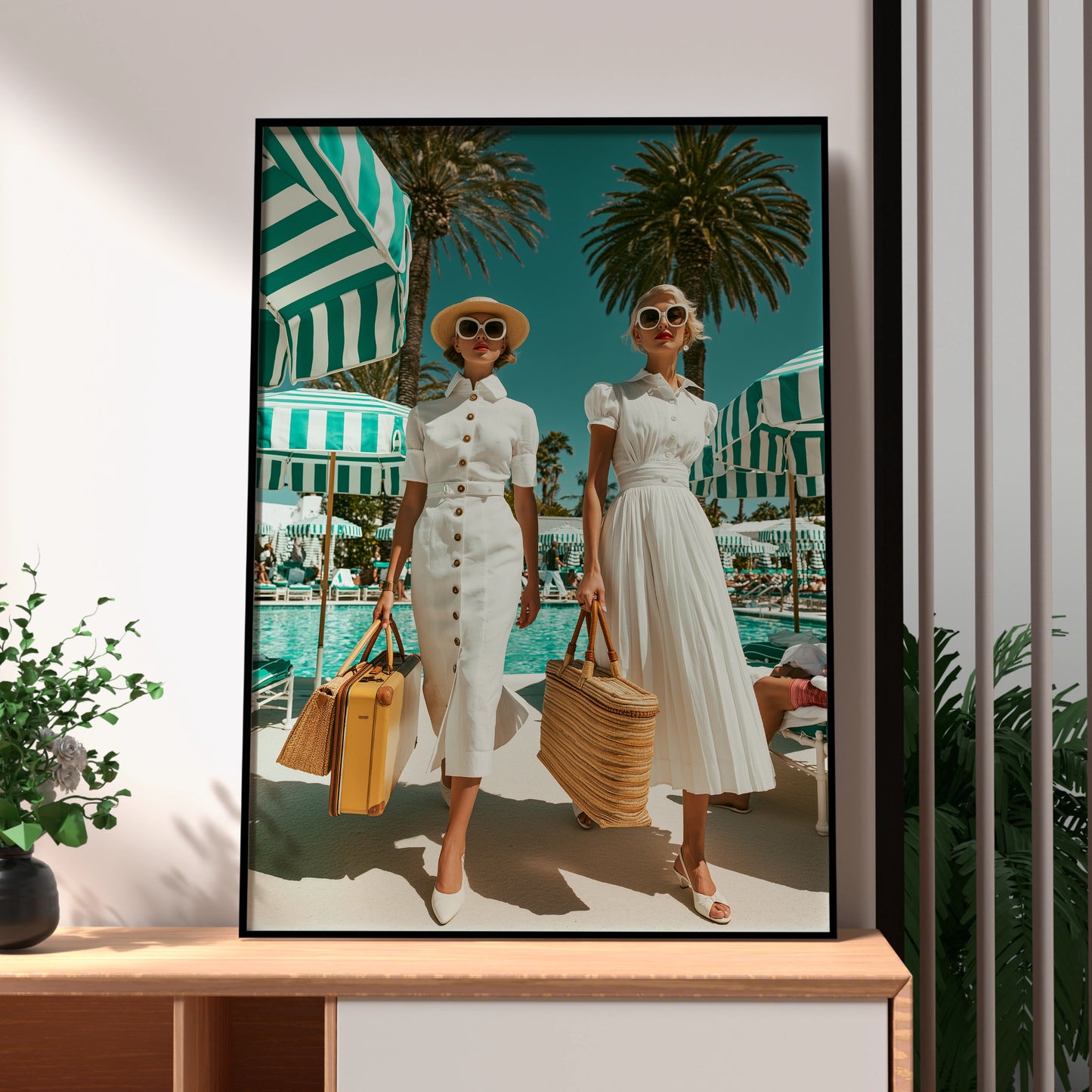 Women by Hotel Pool, Retro Fashion Poster, Vintage Summer Art Print