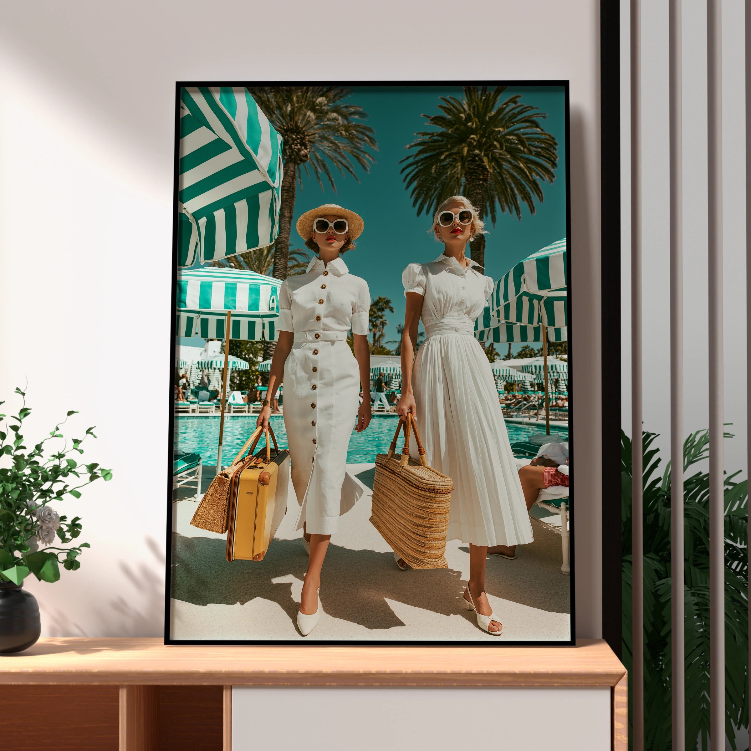 Women by Hotel Pool, Retro Fashion Poster, Vintage Summer Art Print