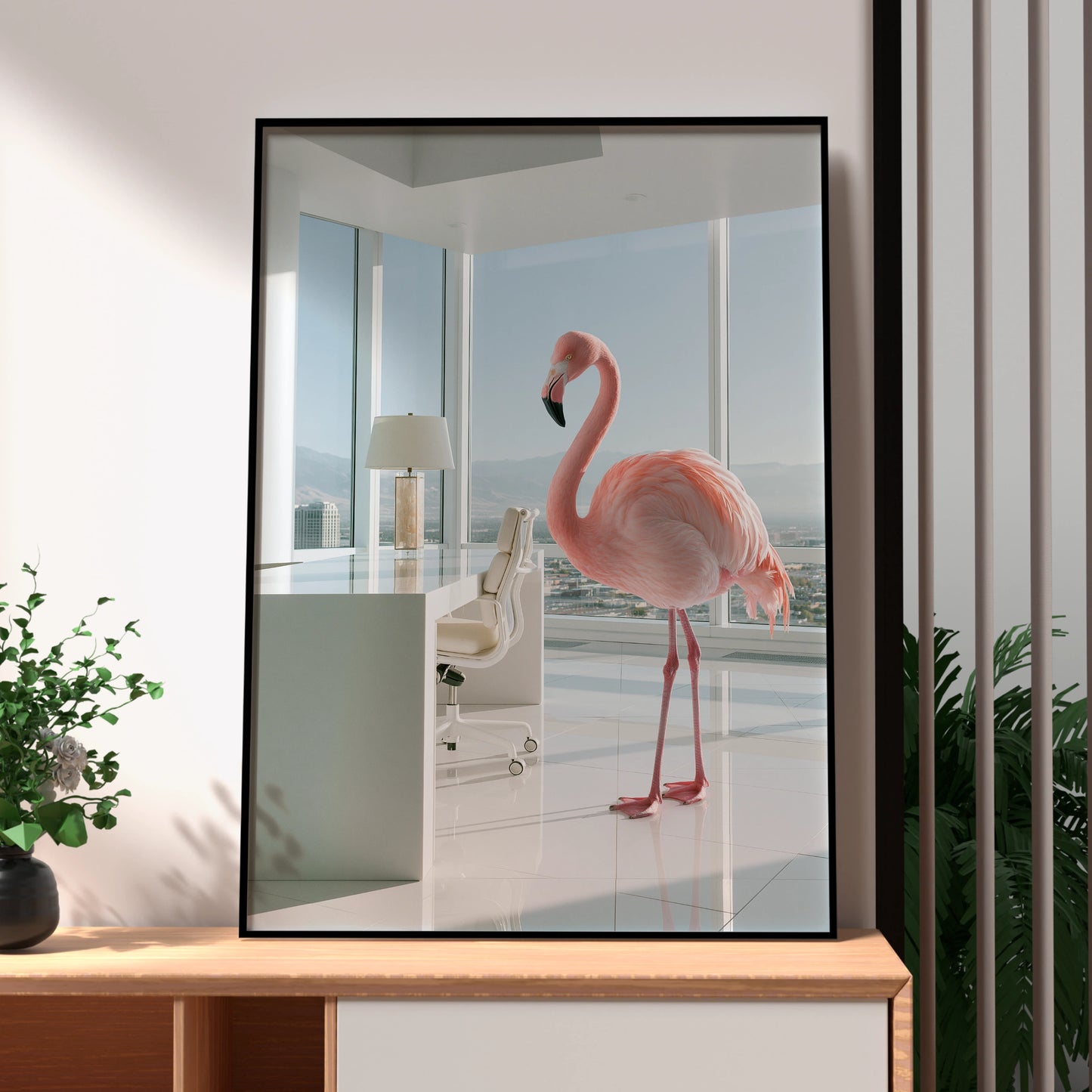 Flamingo in Office Wall Art Poster, Surreal Pink Bird, Modern Minimalist Print