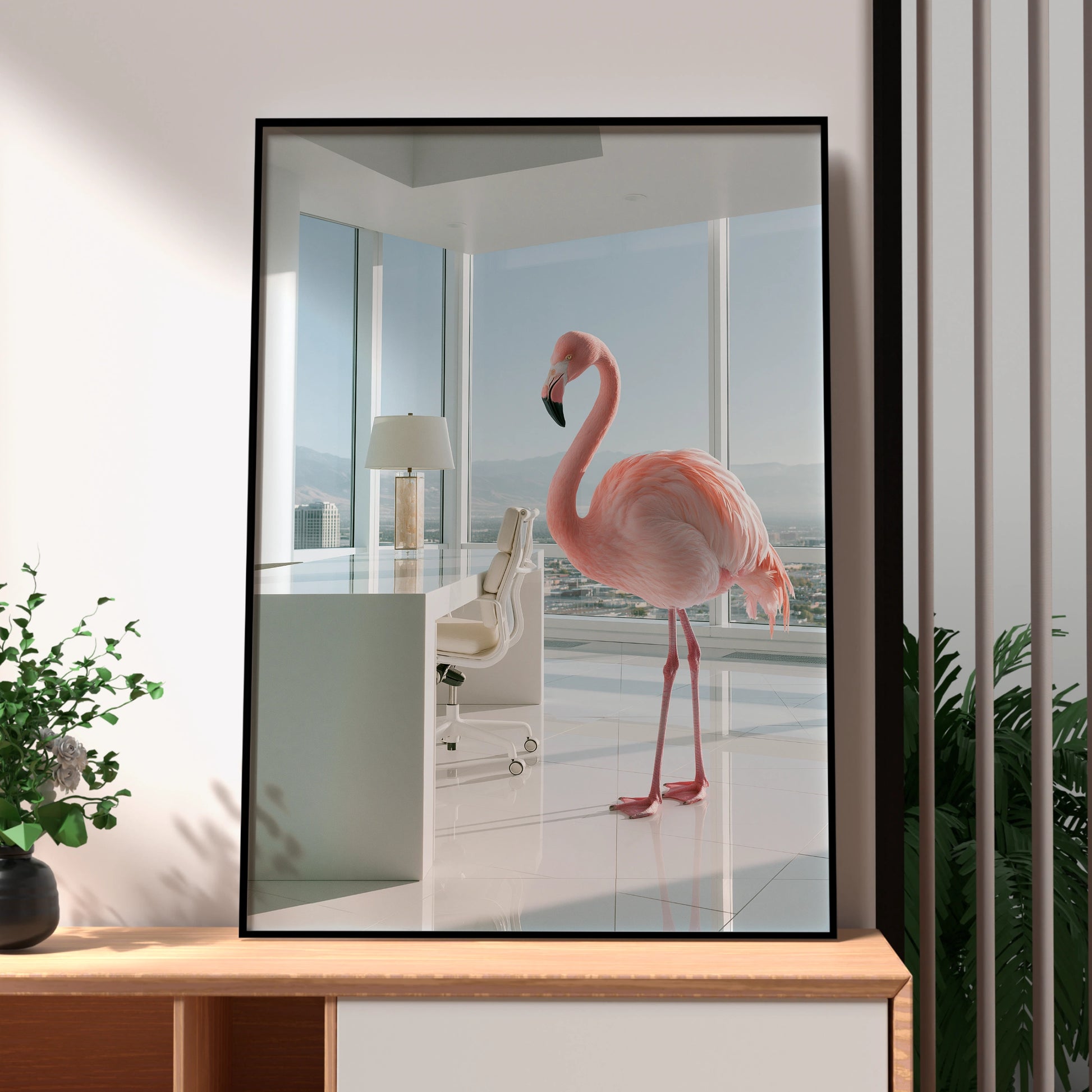 Flamingo in Office Wall Art Poster, Surreal Pink Bird, Modern Minimalist Print