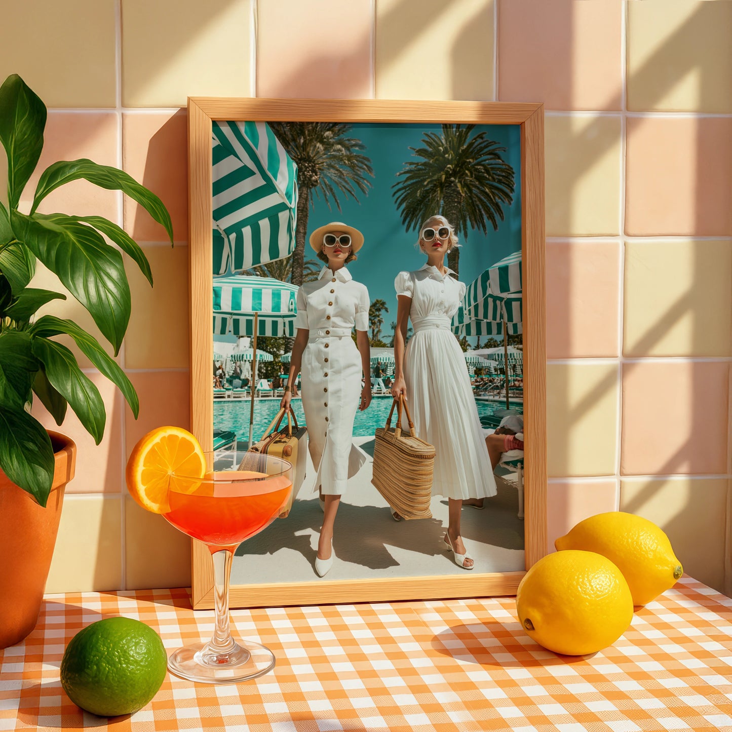 Women by Hotel Pool, Retro Fashion Poster, Vintage Summer Art Print