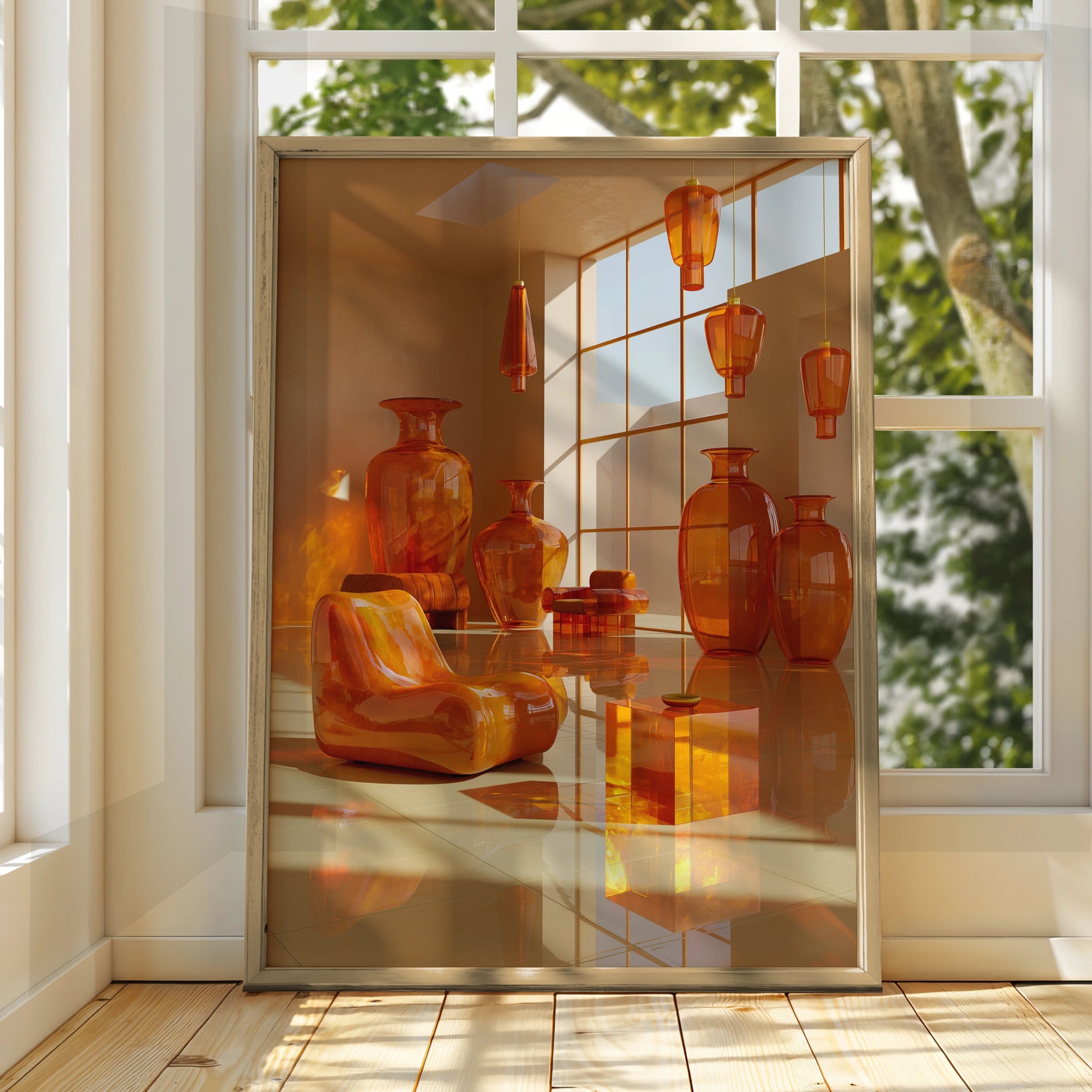Orange Glass Room Interior Art Poster, Modern 3D Surreal Print