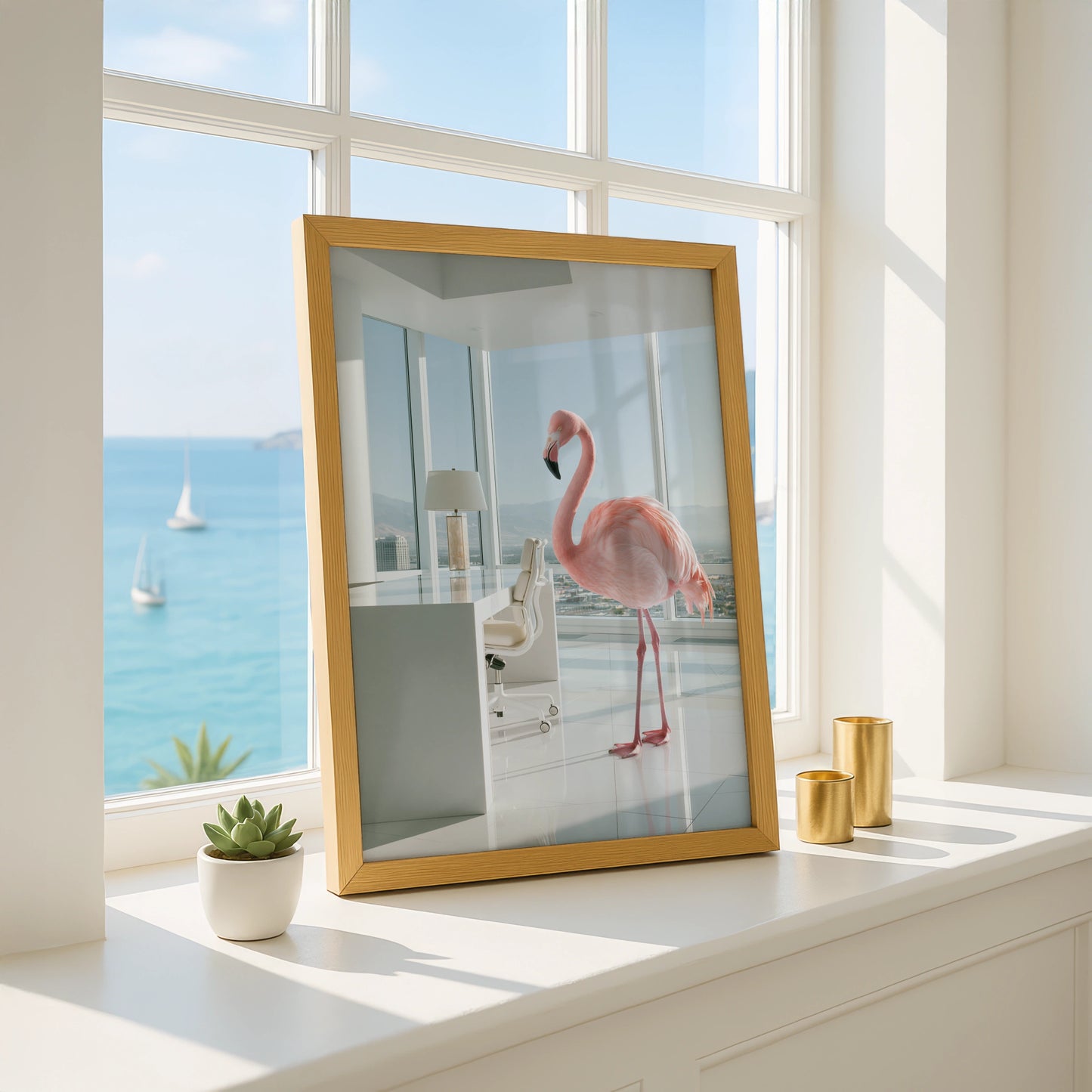 Flamingo in Office Wall Art Poster, Surreal Pink Bird, Modern Minimalist Print