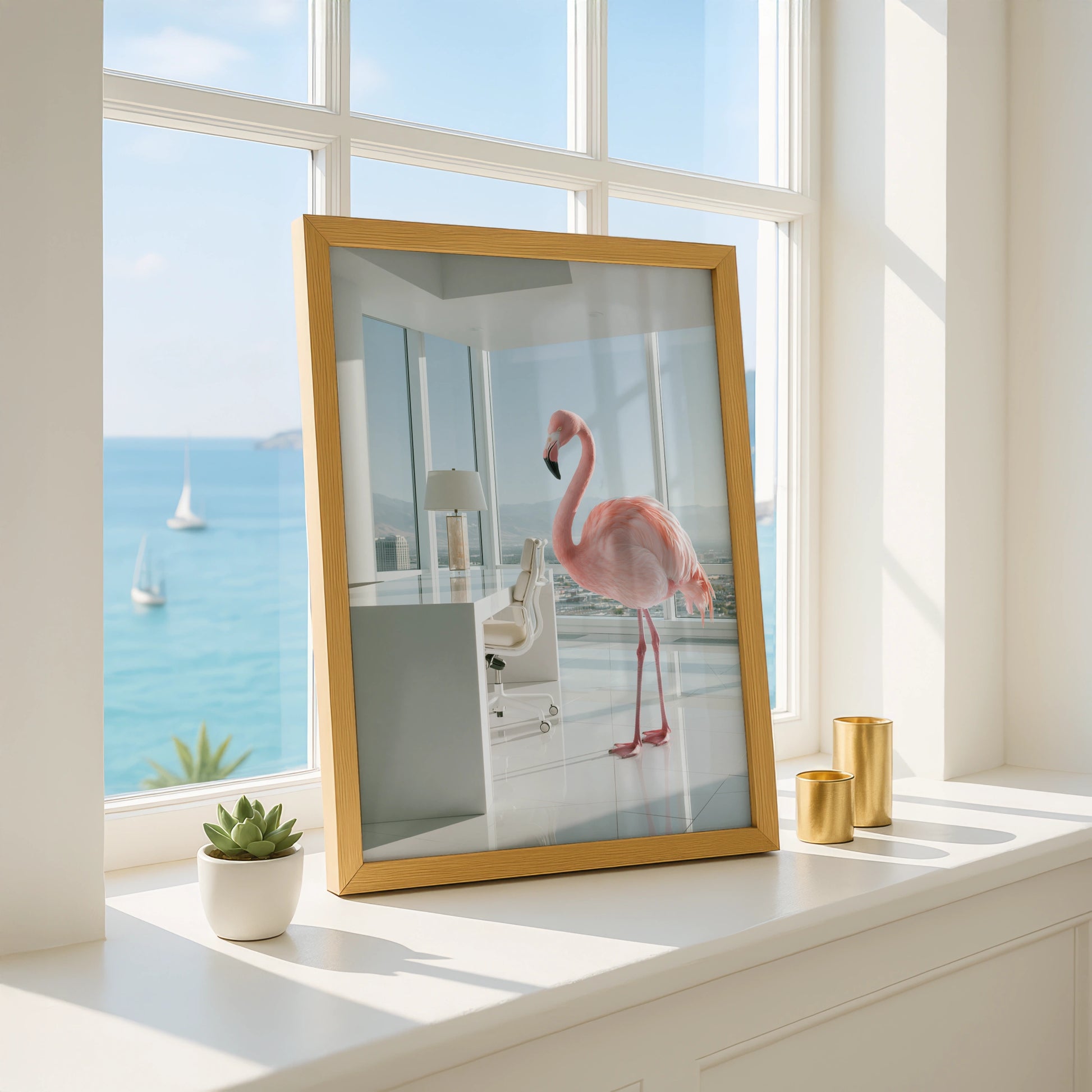 Flamingo in Office Wall Art Poster, Surreal Pink Bird, Modern Minimalist Print