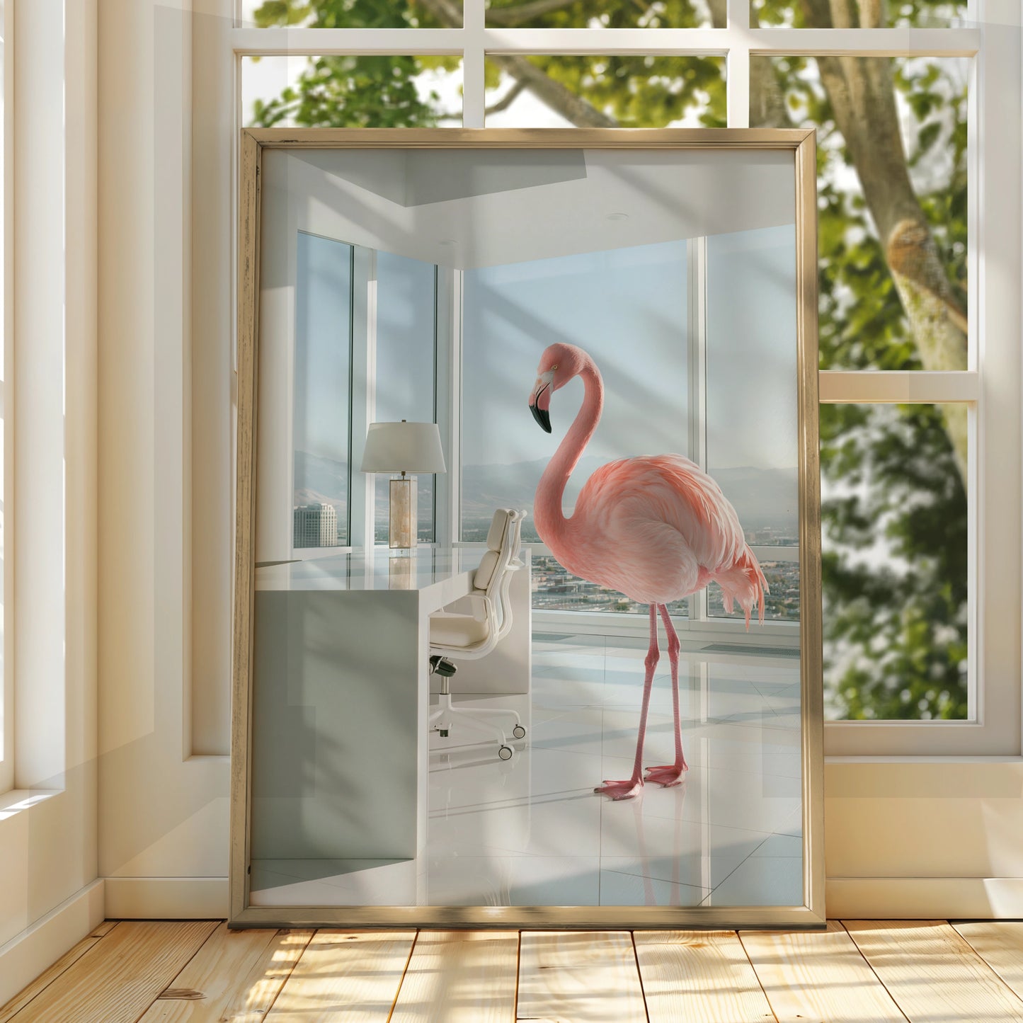 Flamingo in Office Wall Art Poster, Surreal Pink Bird, Modern Minimalist Print